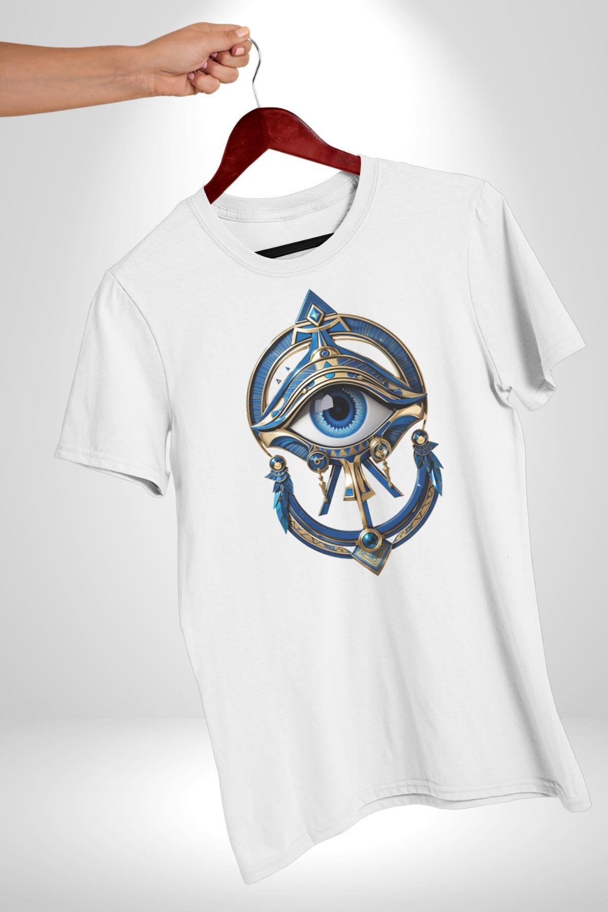 Altın Göz Horos Ra Gözü Kadın Erkek Unisex Beyaz Organik Baskılı T-Shirt