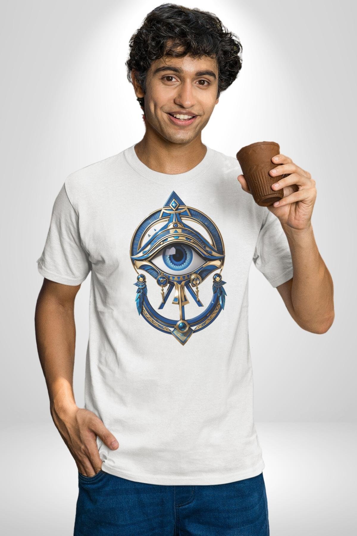 Altın Göz Horos Ra Gözü Kadın Erkek Unisex Beyaz Organik Baskılı T-Shirt