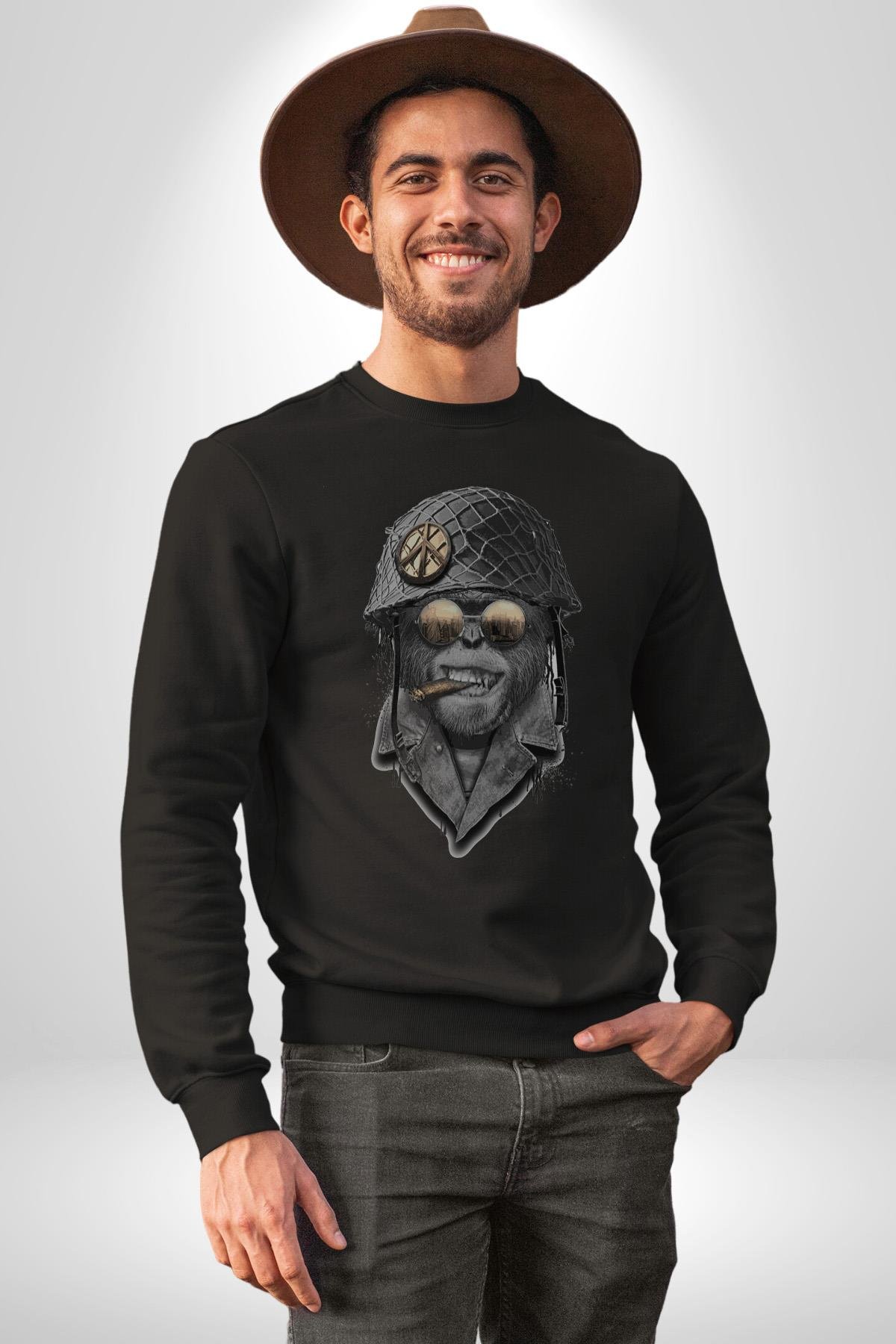 Asker Goril Komutan Kadın Erkek Çocuk Siyah Baskılı Sweatshirt 