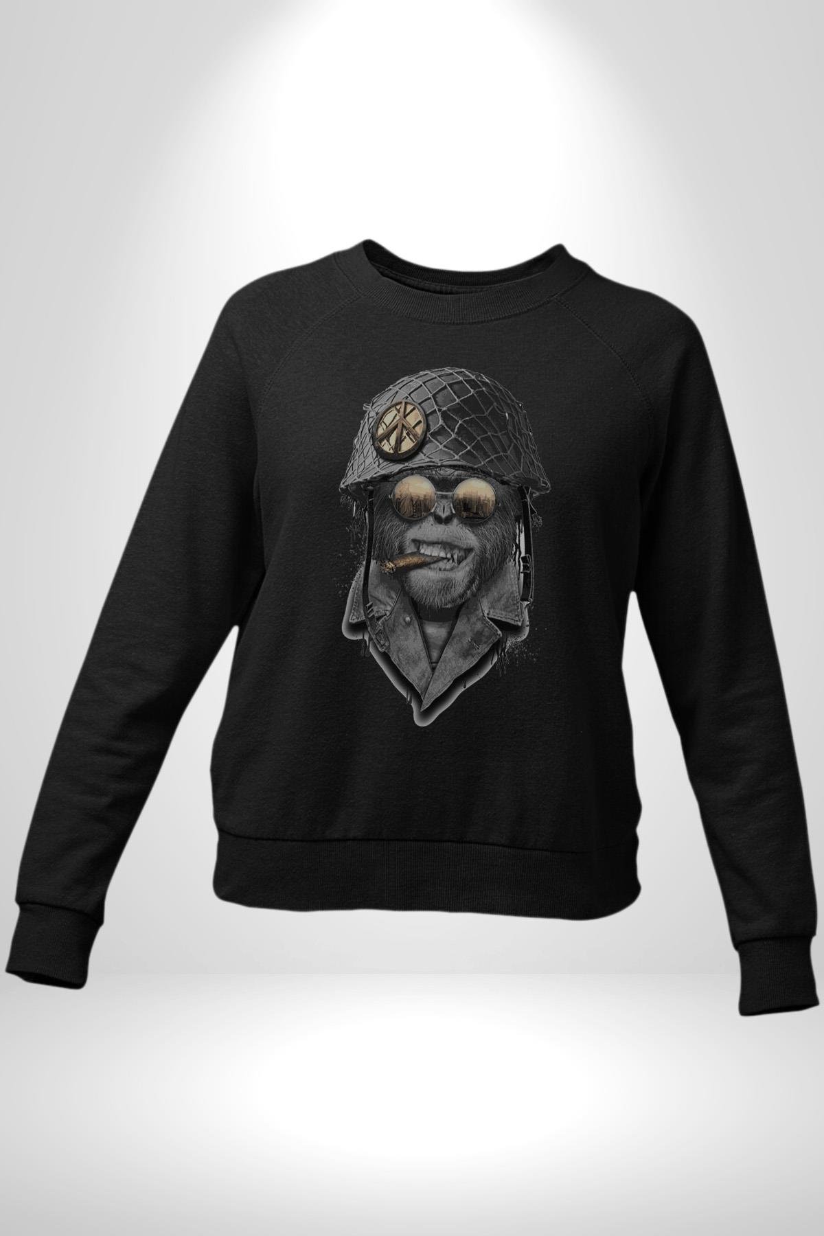 Asker Goril Komutan Kadın Erkek Çocuk Siyah Baskılı Sweatshirt 
