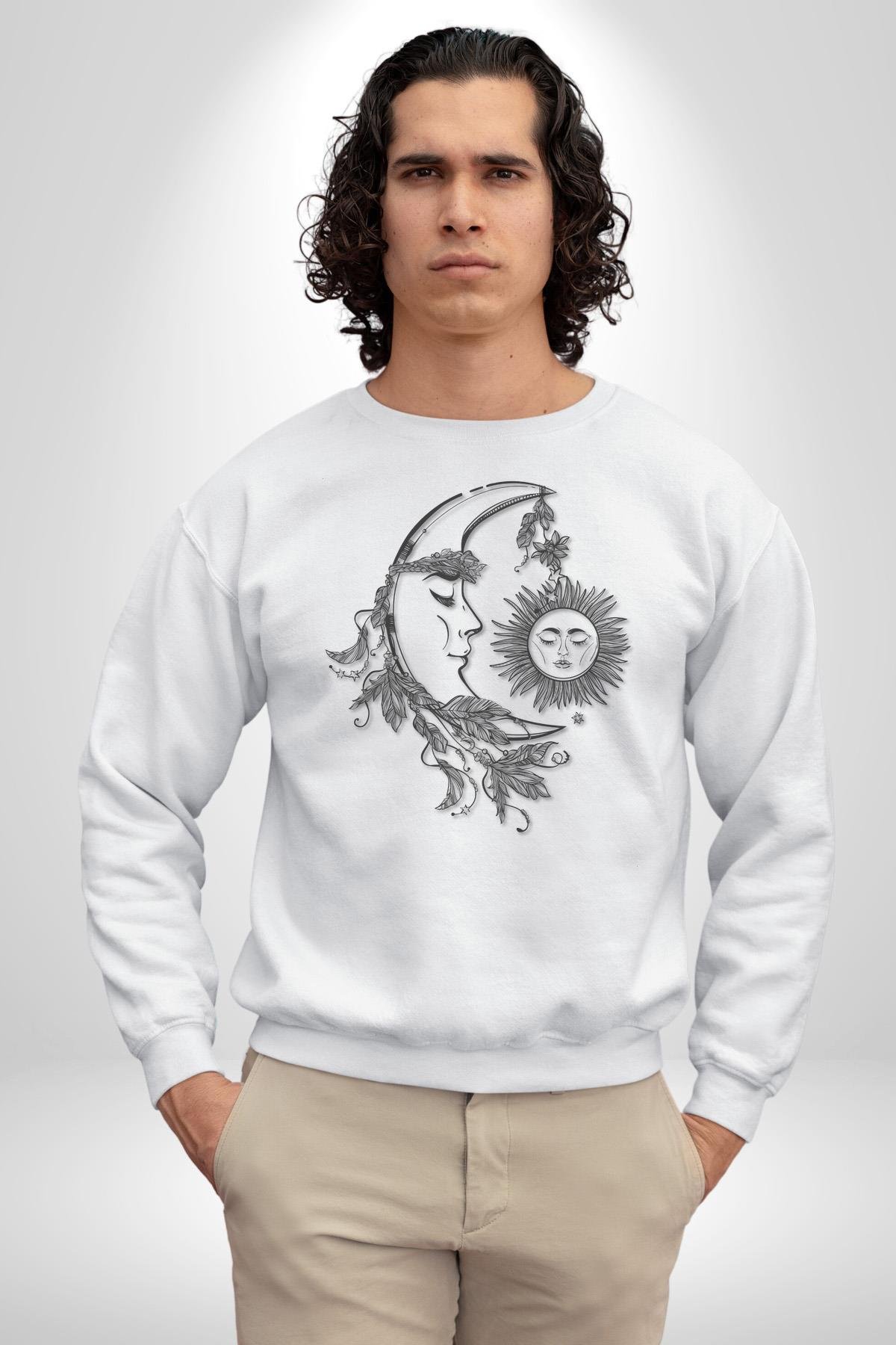 Ay Güneş Astroloji Aşk Estetik Kadın Erkek Çocuk Beyaz Baskılı Sweatshirt 