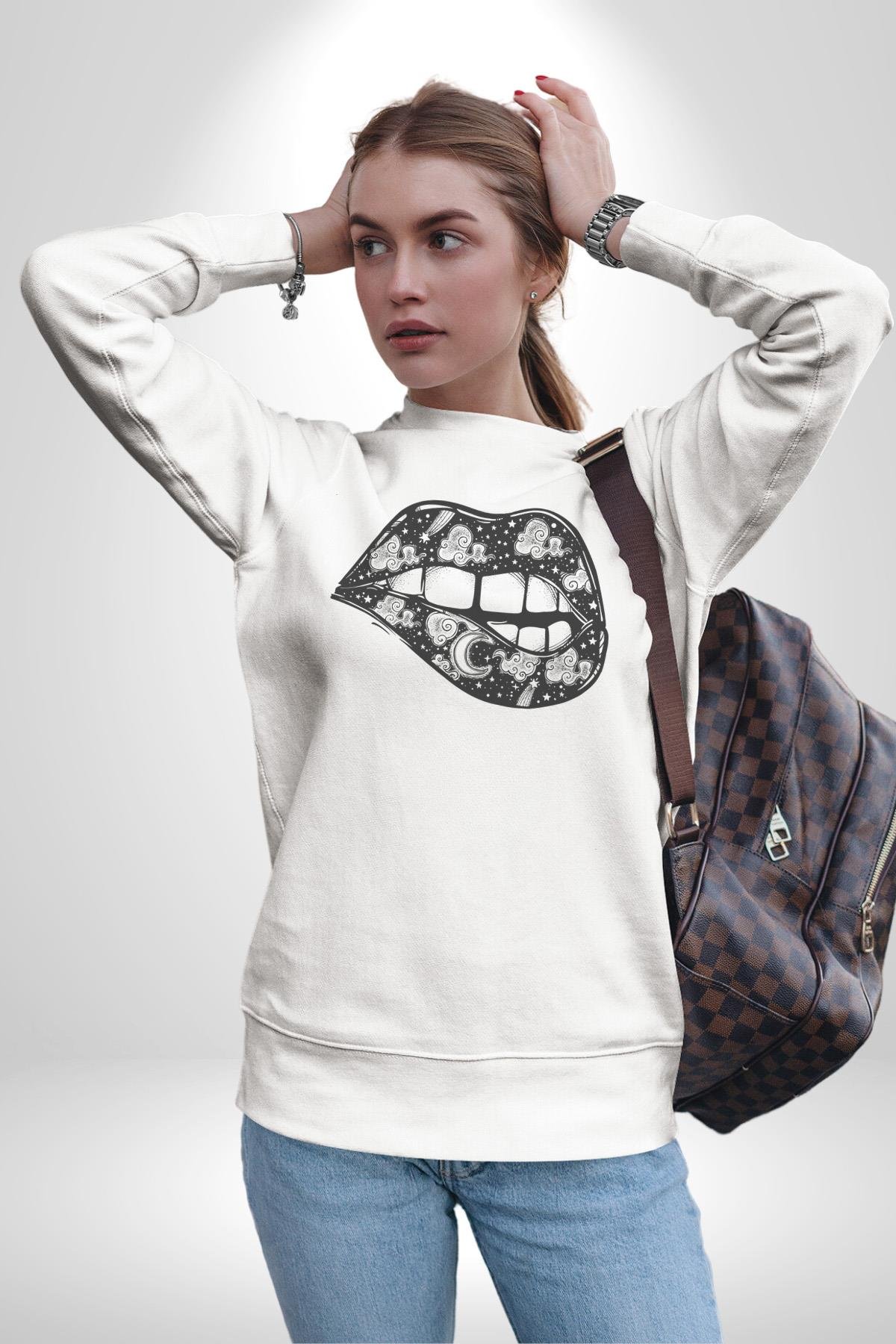 Ay Yıldız Dudak Bulut Dövme Kadın Erkek Çocuk Beyaz Baskılı Sweatshirt 