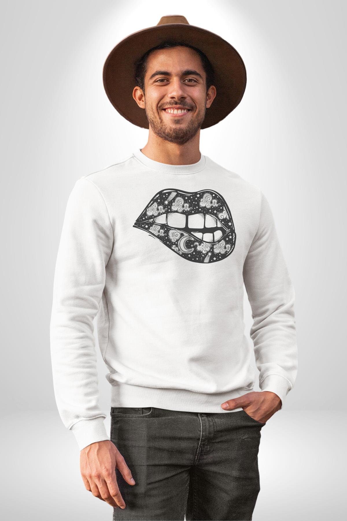 Ay Yıldız Dudak Bulut Dövme Kadın Erkek Çocuk Beyaz Baskılı Sweatshirt 