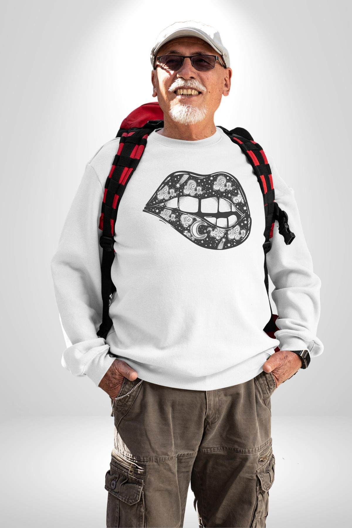 Ay Yıldız Dudak Bulut Dövme Kadın Erkek Çocuk Beyaz Baskılı Sweatshirt 