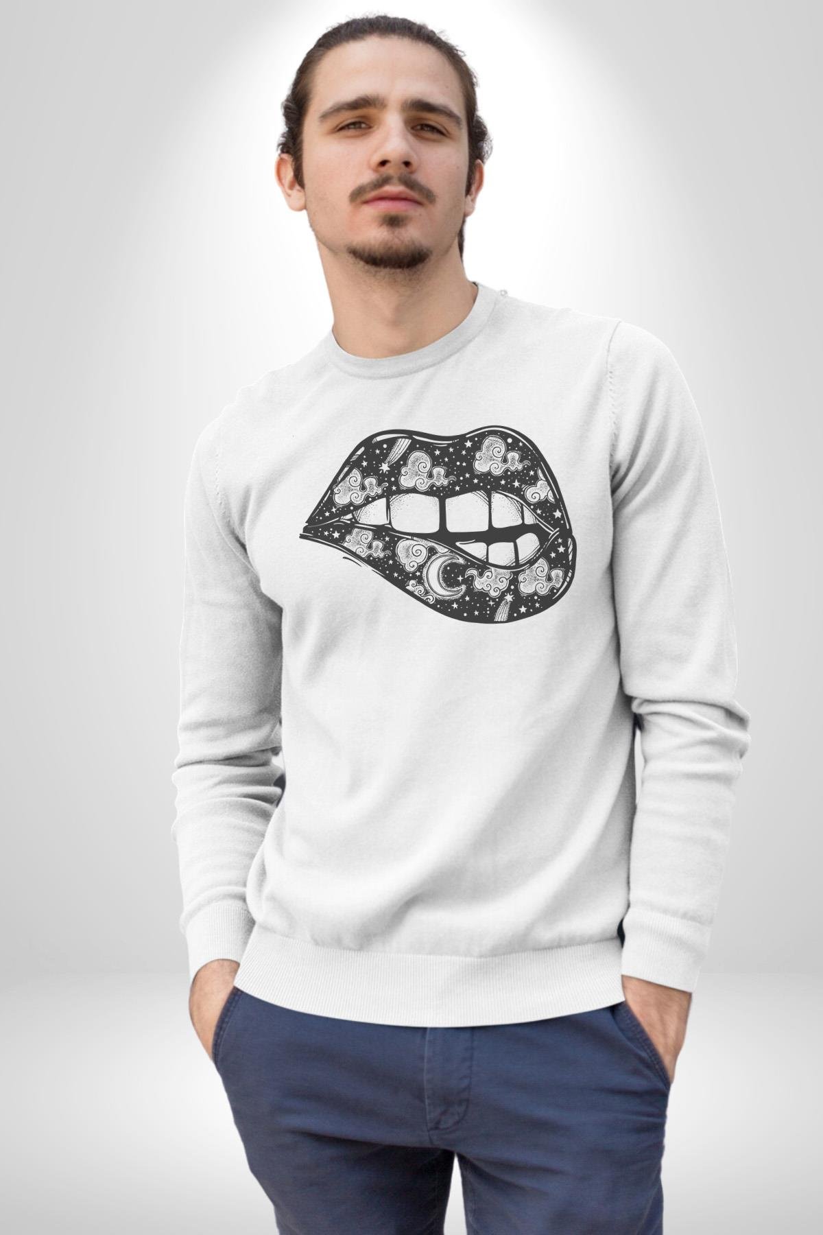Ay Yıldız Dudak Bulut Dövme Kadın Erkek Çocuk Beyaz Baskılı Sweatshirt 