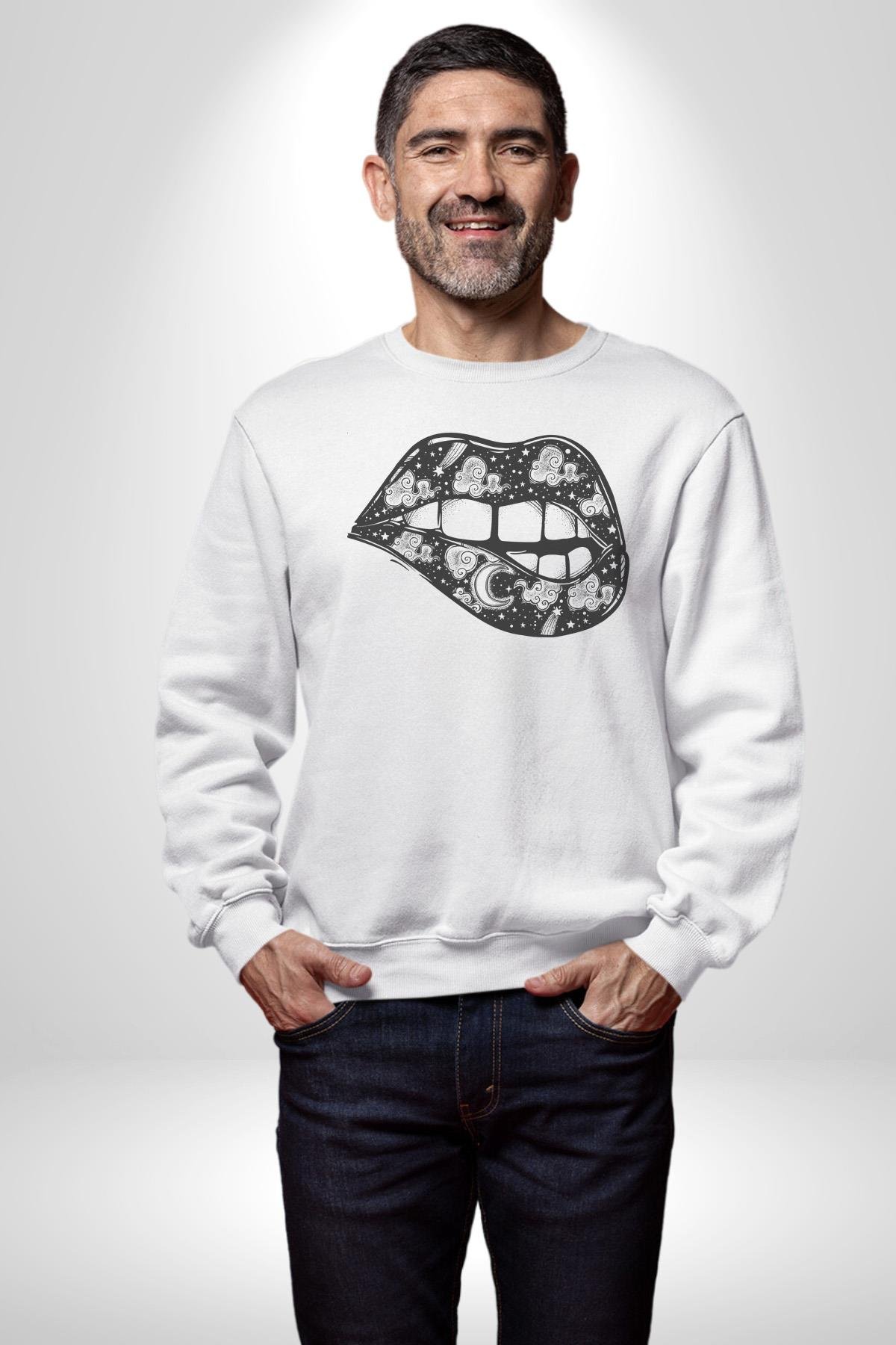 Ay Yıldız Dudak Bulut Dövme Kadın Erkek Çocuk Beyaz Baskılı Sweatshirt 
