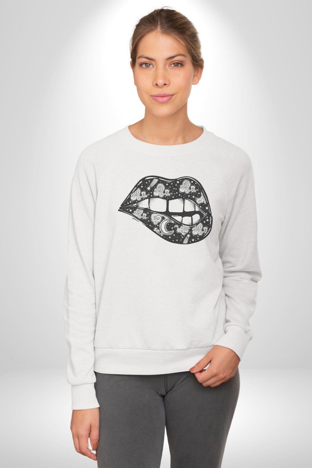 Ay Yıldız Dudak Bulut Dövme Kadın Erkek Çocuk Beyaz Baskılı Sweatshirt 
