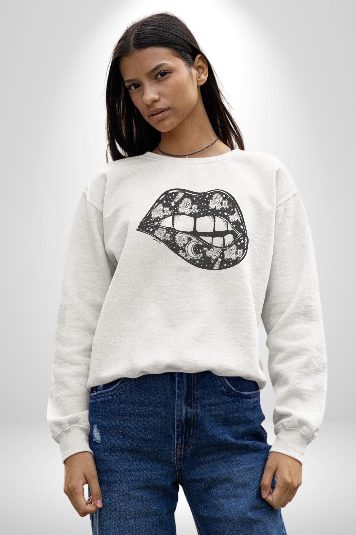 Ay Yıldız Dudak Bulut Dövme Kadın Erkek Çocuk Beyaz Baskılı Sweatshirt 