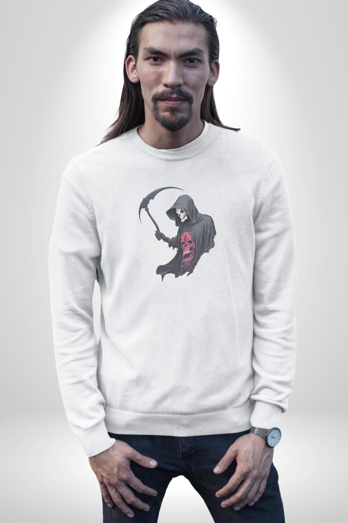 Azrail Kurukafa Ölüm Kadın Erkek  Beyaz Baskılı Sweatshirt 