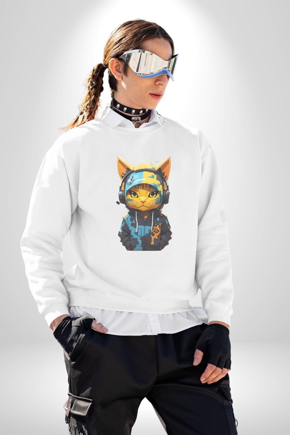 Bandana Kedi Kulaklık Çeket Kadın Erkek  Beyaz Baskılı Sweatshirt 