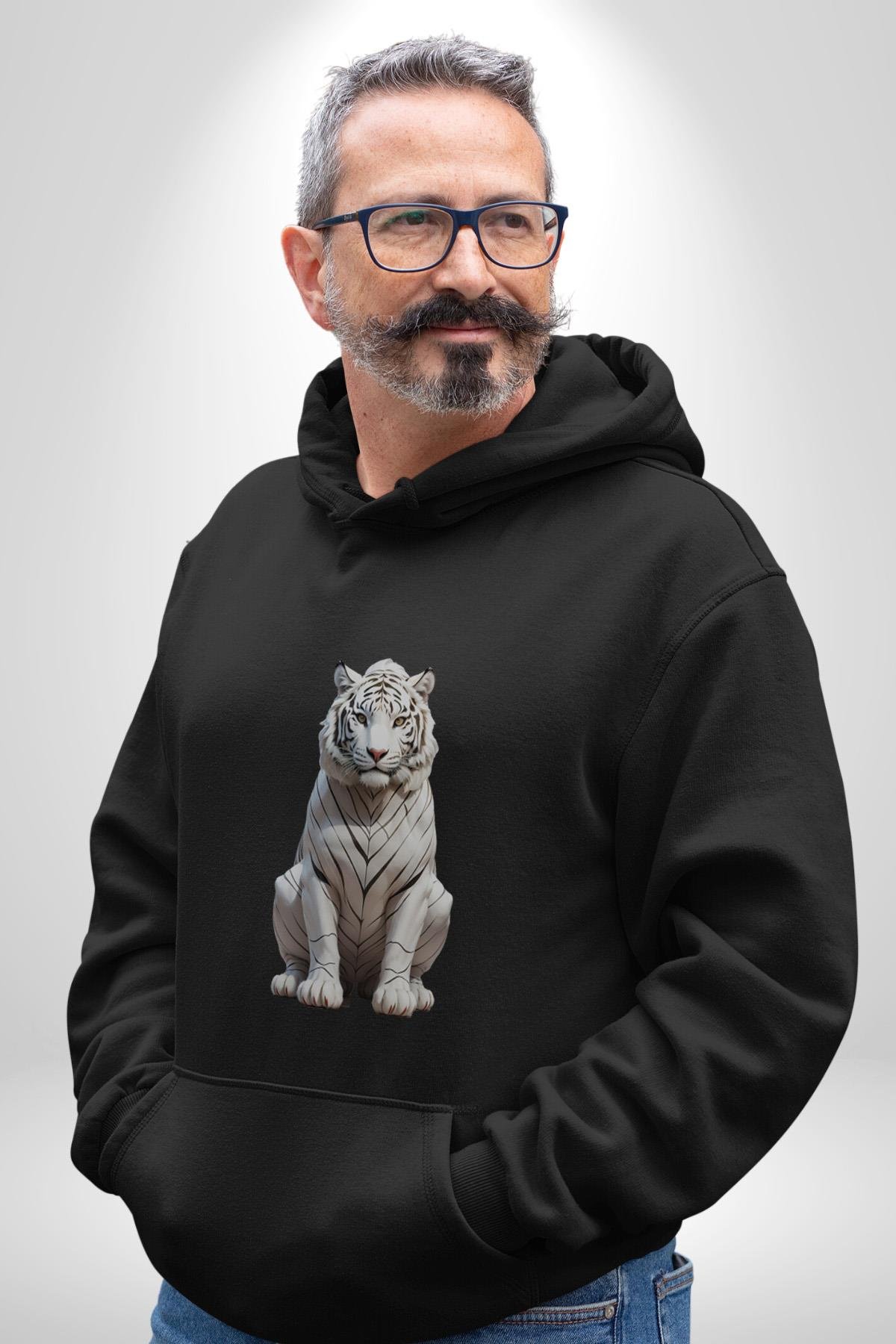 Beyaz Kaplan  Kadın Erkek Çocuk Siyah Kapüşonlu Sweatshirt Hoodie
