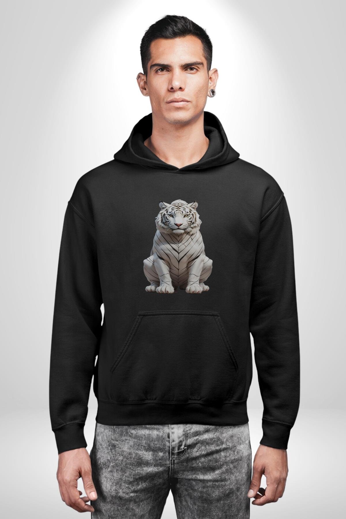 Beyaz Kaplan  Kadın Erkek Çocuk Siyah Kapüşonlu Sweatshirt Hoodie