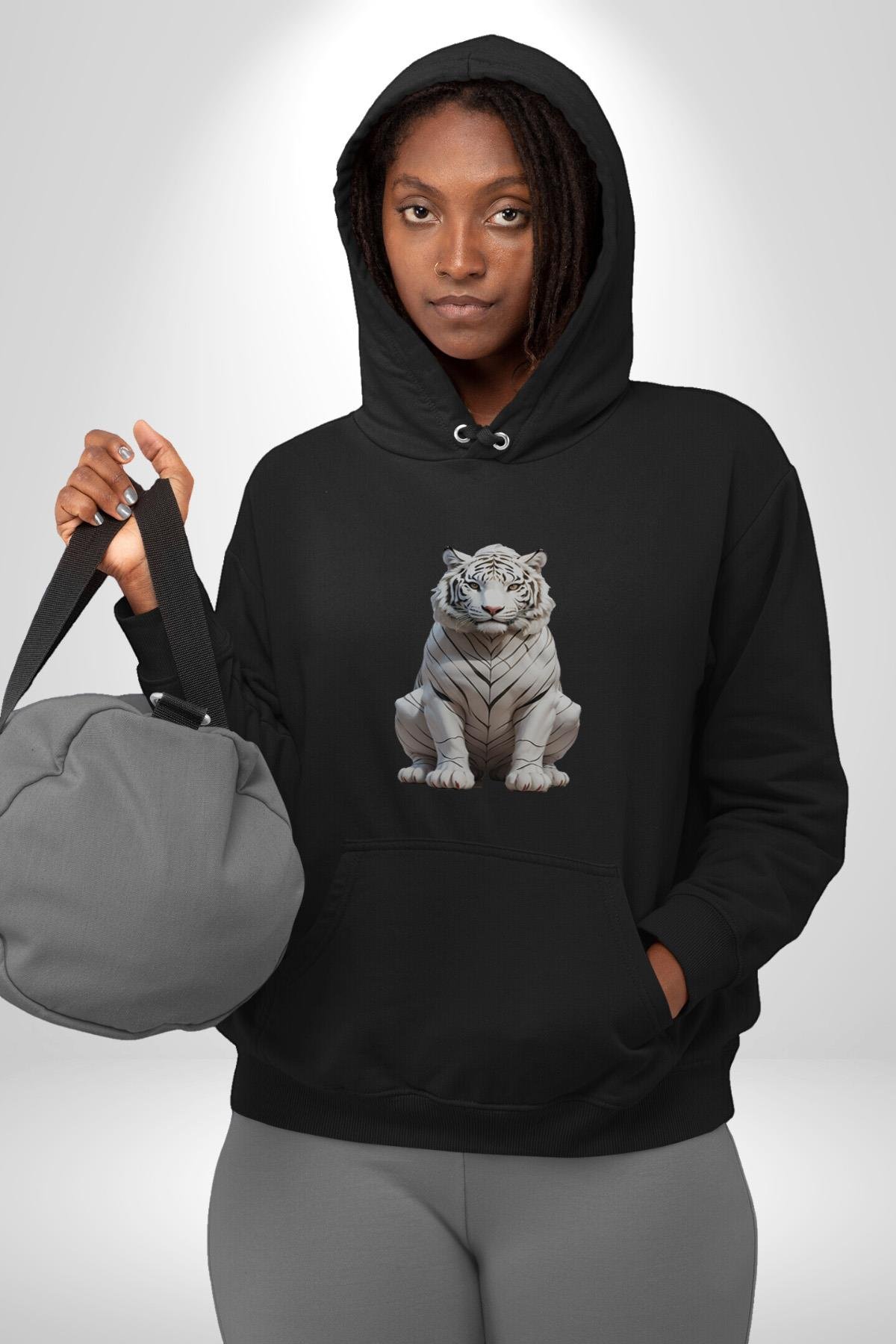 Beyaz Kaplan  Kadın Erkek Çocuk Siyah Kapüşonlu Sweatshirt Hoodie