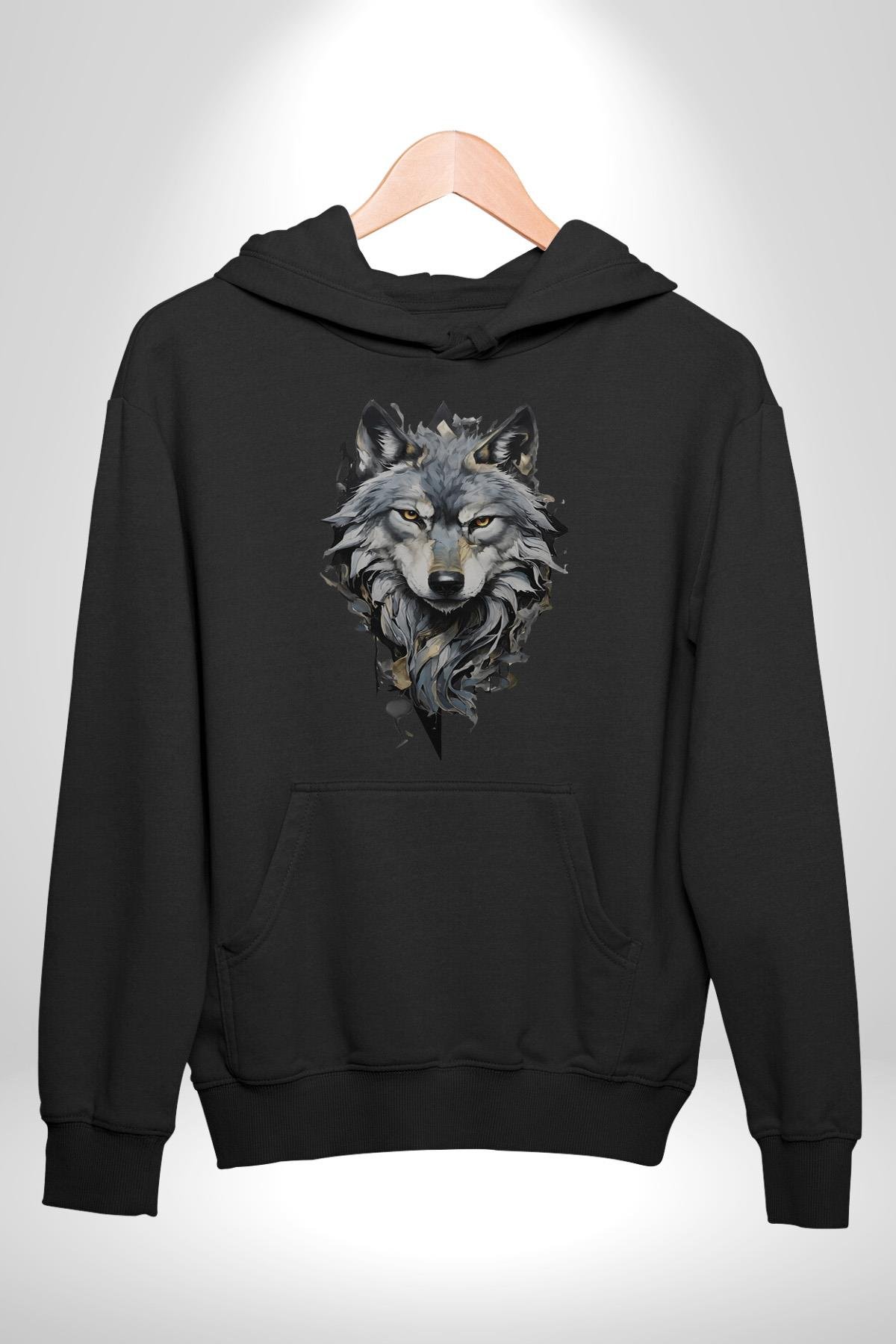 Beyaz Kurt  Kadın Erkek Çocuk Siyah Kapüşonlu Sweatshirt Hoodie