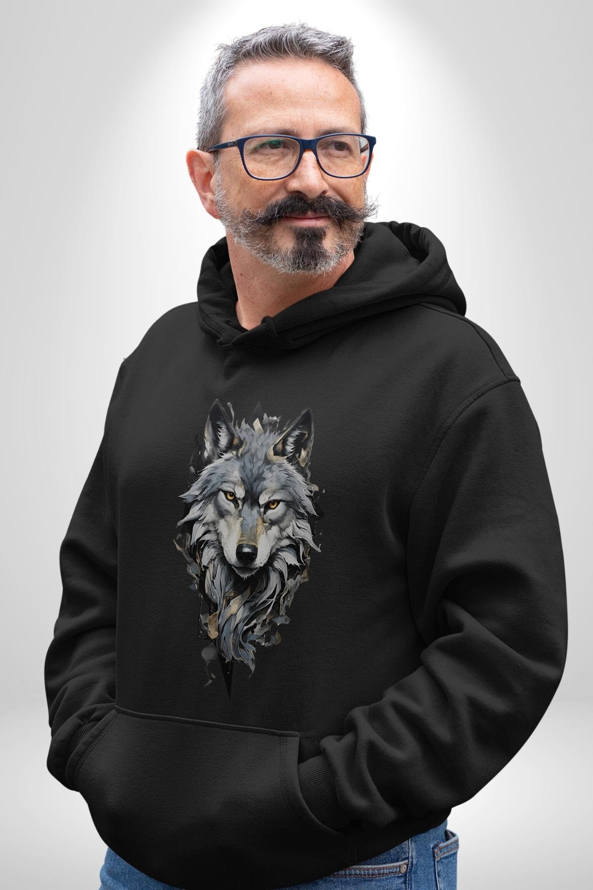 Beyaz Kurt  Kadın Erkek Çocuk Siyah Kapüşonlu Sweatshirt Hoodie