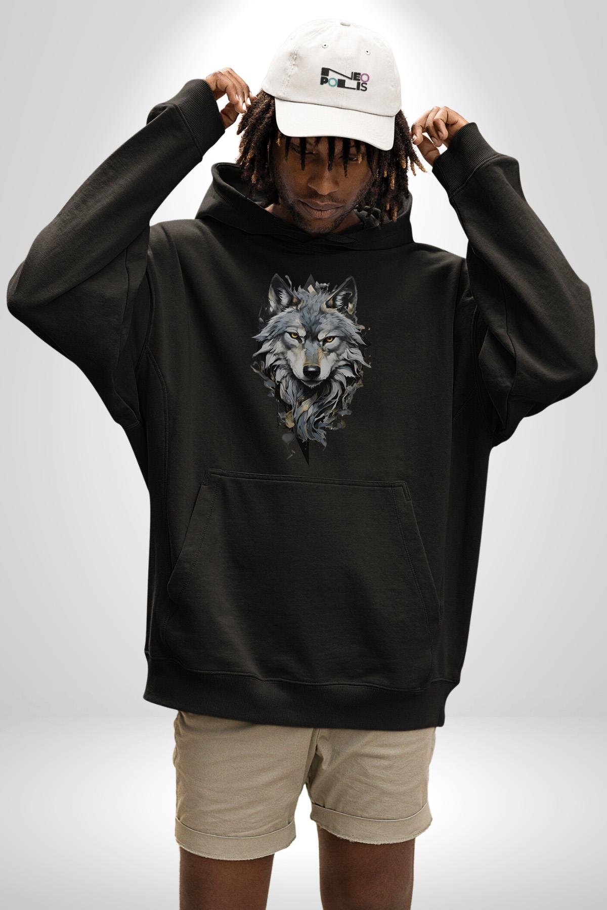 Beyaz Kurt  Kadın Erkek Çocuk Siyah Kapüşonlu Sweatshirt Hoodie