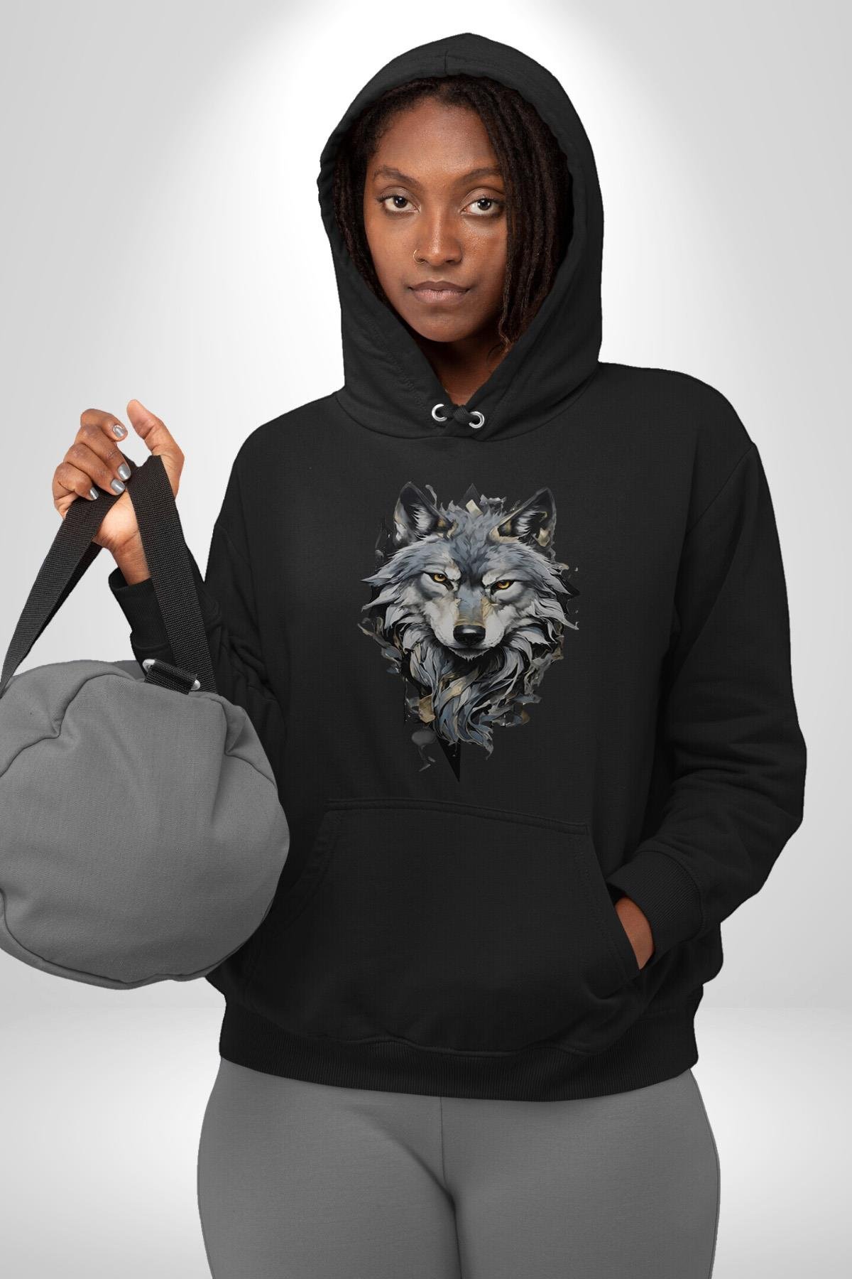 Beyaz Kurt  Kadın Erkek Çocuk Siyah Kapüşonlu Sweatshirt Hoodie
