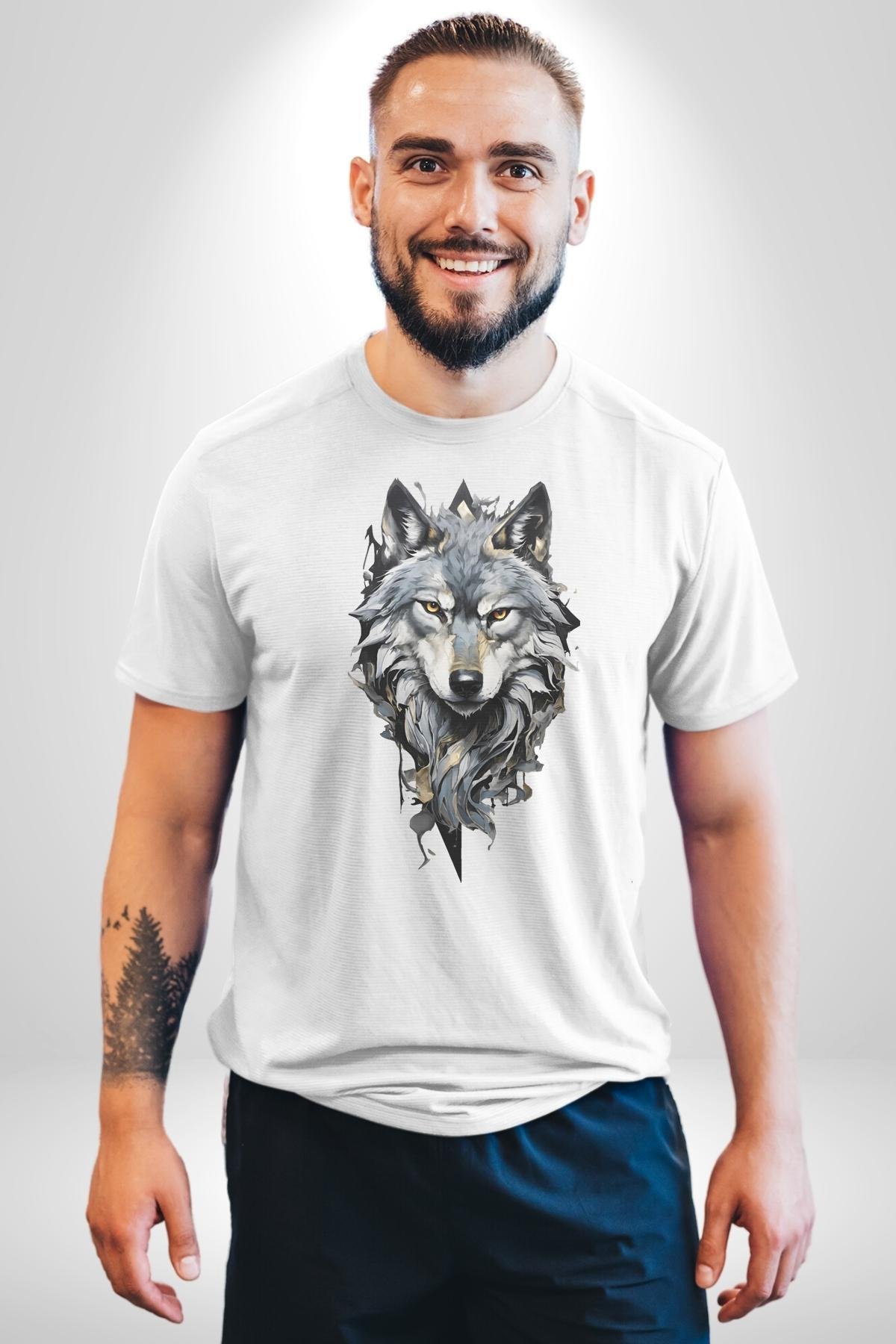 Beyaz Kurt  Kadın Erkek Unisex Beyaz Organik Baskılı T-Shirt