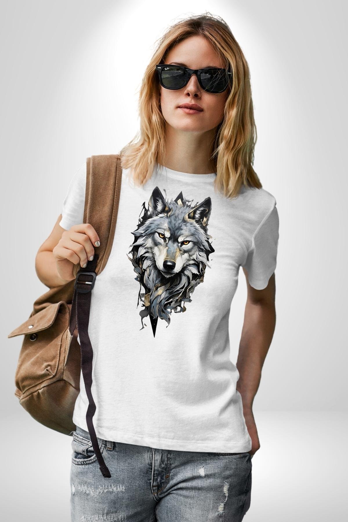 Beyaz Kurt  Kadın Erkek Unisex Beyaz Organik Baskılı T-Shirt