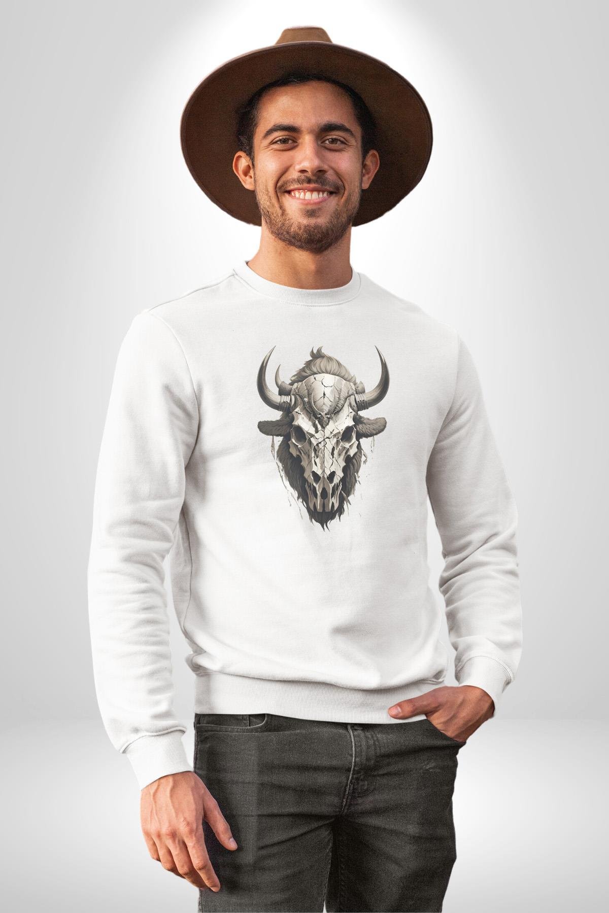 Bizon İnek Kafatası Kurumuş Kadın Erkek  Beyaz Baskılı Sweatshirt 
