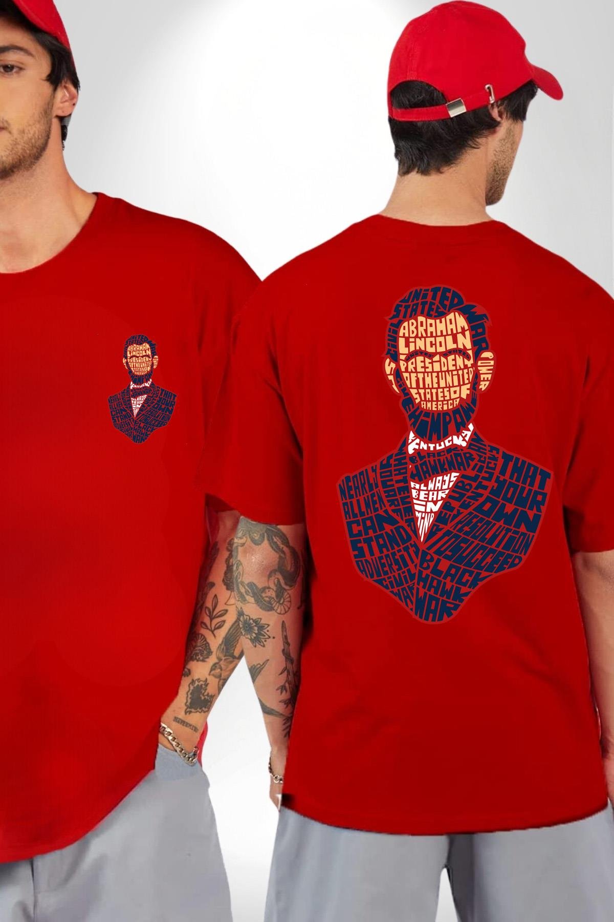 Abraham Lincoln Amerika Başkanı Kadın Erkek Ön Minimal Sırt Baskılı Kırmızı Pamuklu Tişört