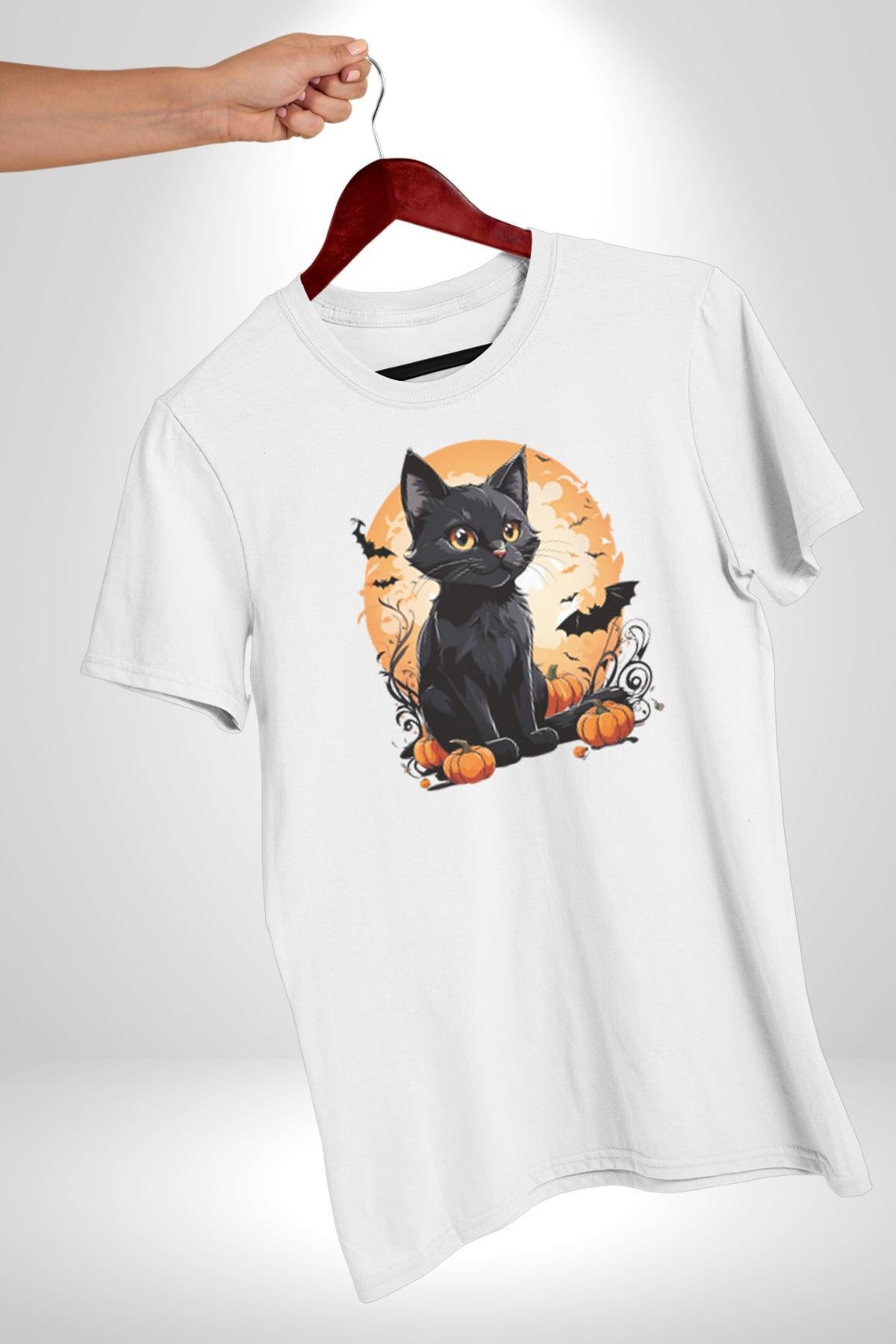 Cadılar Bayramı Kedi Kadın Erkek Unisex Beyaz Organik Baskılı T-Shirt