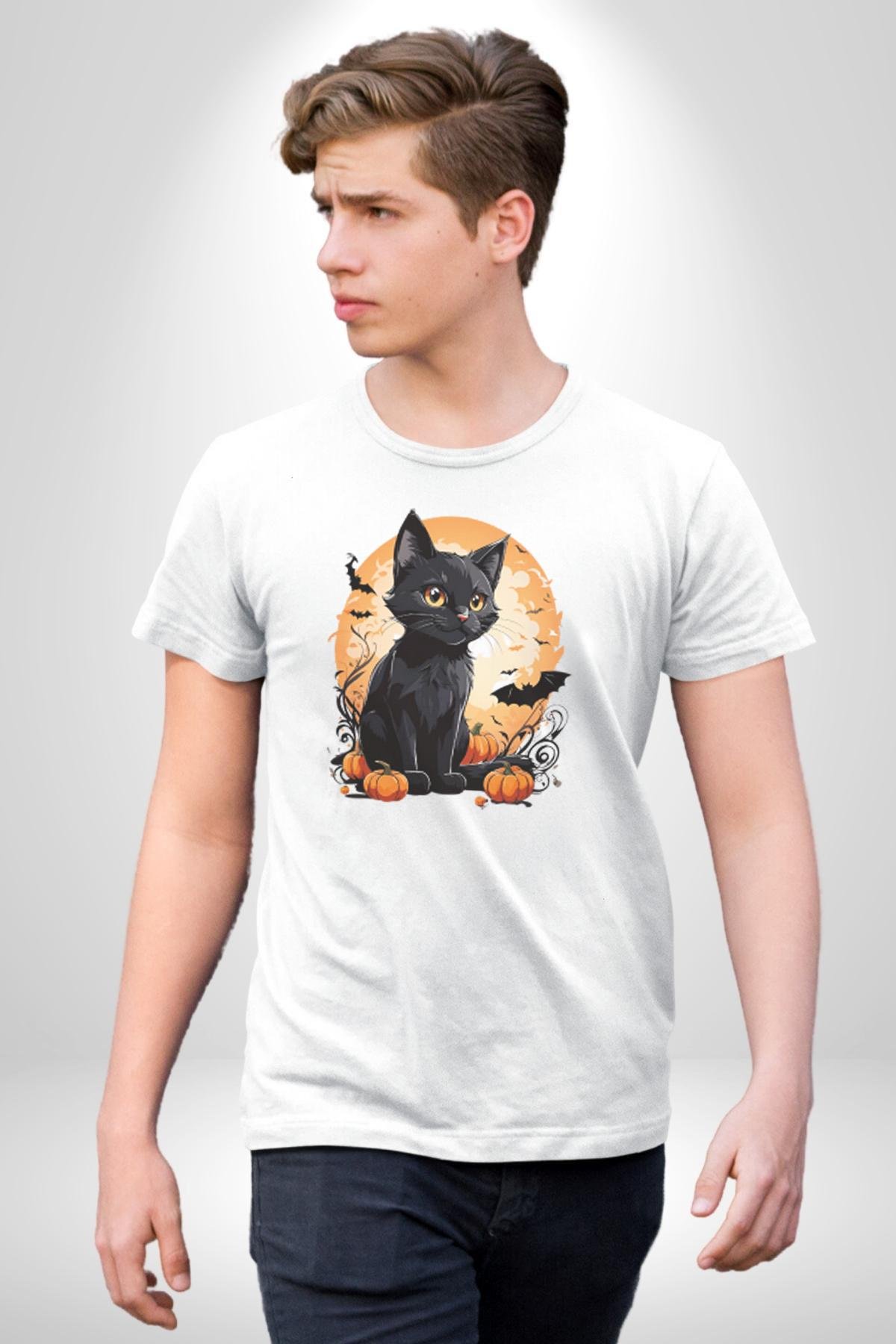 Cadılar Bayramı Kedi Kadın Erkek Unisex Beyaz Organik Baskılı T-Shirt