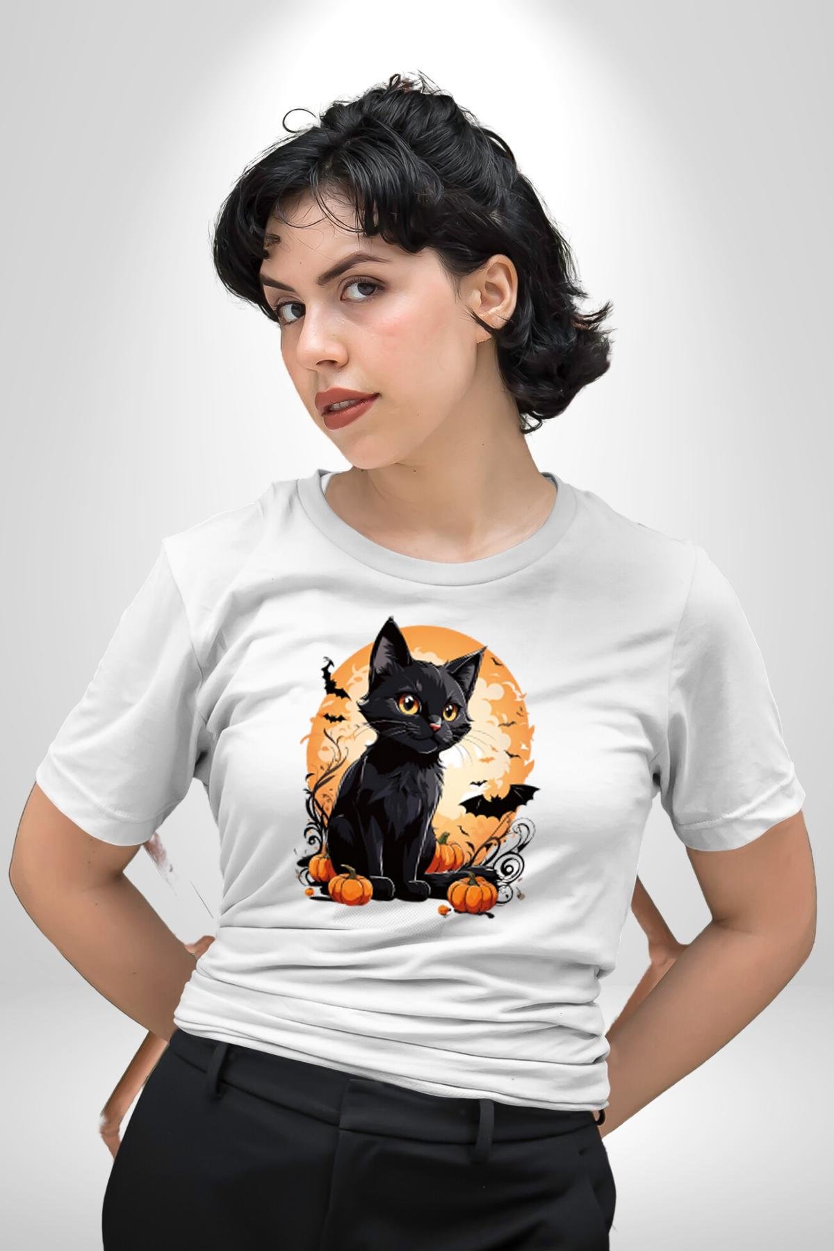 Cadılar Bayramı Kedi Kadın Erkek Unisex Beyaz Organik Baskılı T-Shirt