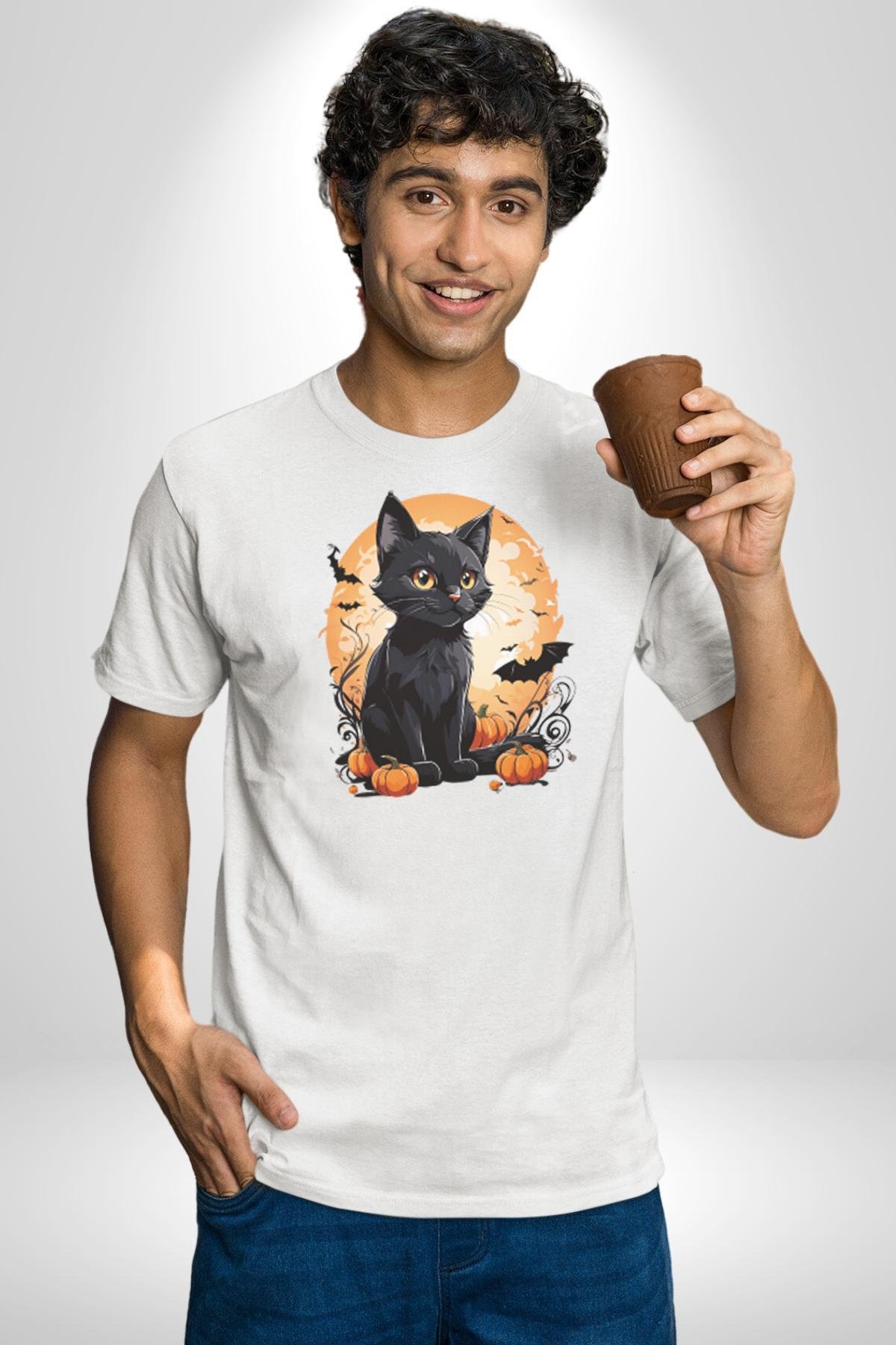 Cadılar Bayramı Kedi Kadın Erkek Unisex Beyaz Organik Baskılı T-Shirt