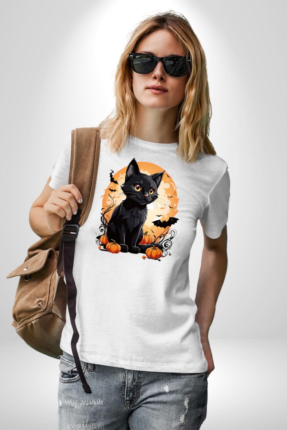 Cadılar Bayramı Kedi Kadın Erkek Unisex Beyaz Organik Baskılı T-Shirt