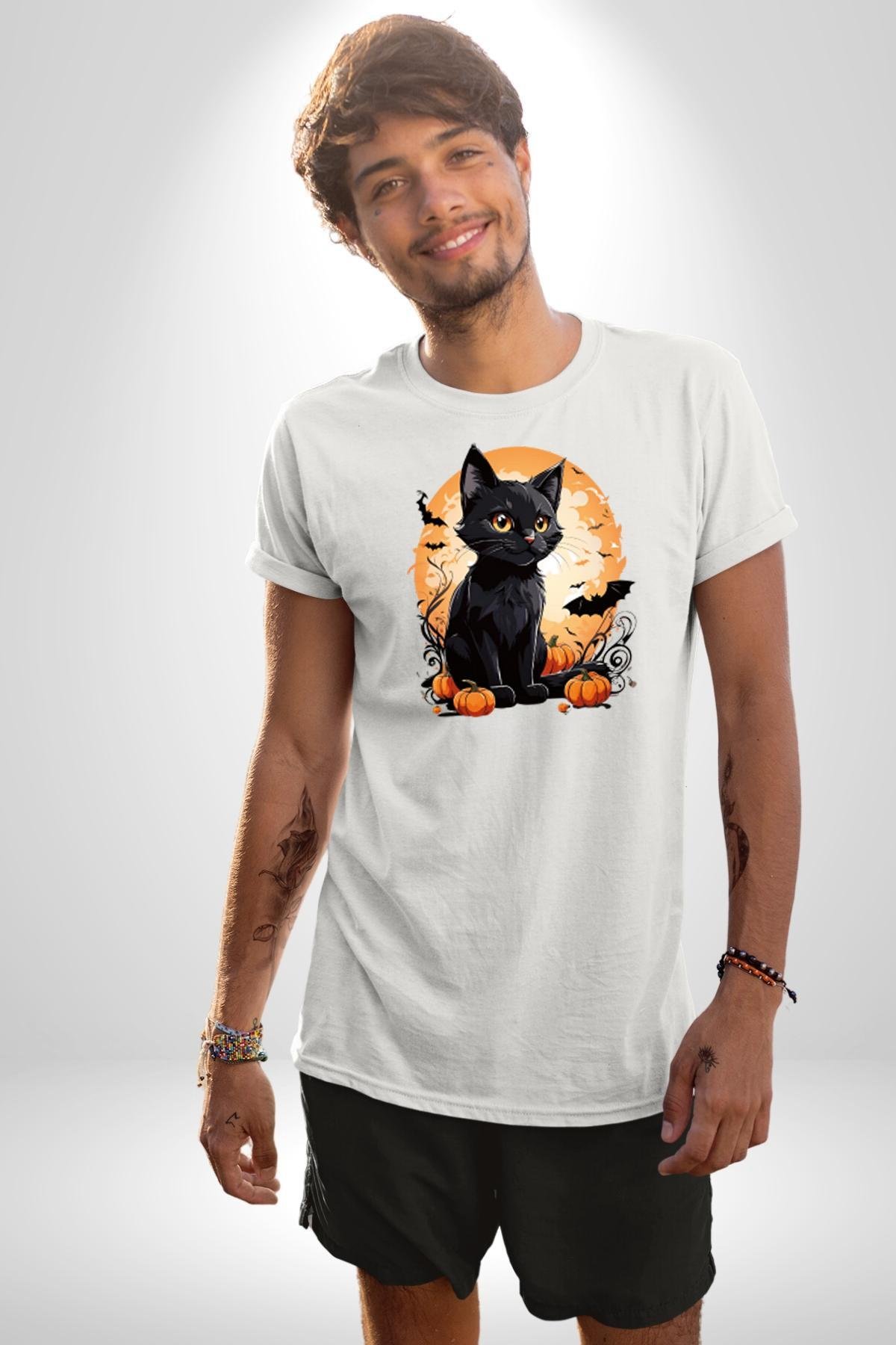 Cadılar Bayramı Kedi Kadın Erkek Unisex Beyaz Organik Baskılı T-Shirt