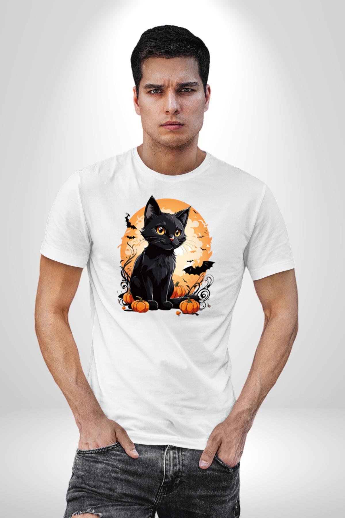 Cadılar Bayramı Kedi Kadın Erkek Unisex Beyaz Organik Baskılı T-Shirt
