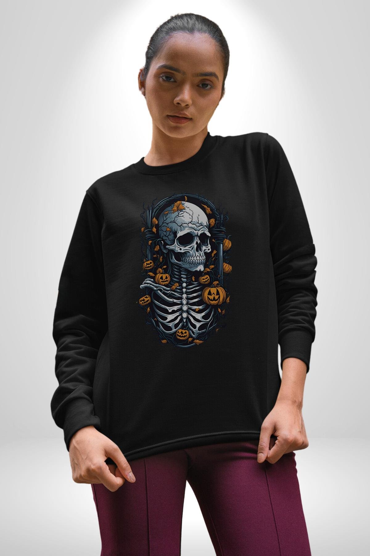 Cadılar Bayramı Kuru Kafa  Kadın Erkek Çocuk Siyah Baskılı Sweatshirt 
