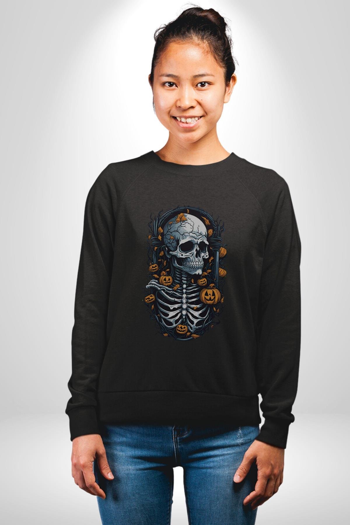 Cadılar Bayramı Kuru Kafa  Kadın Erkek Çocuk Siyah Baskılı Sweatshirt 