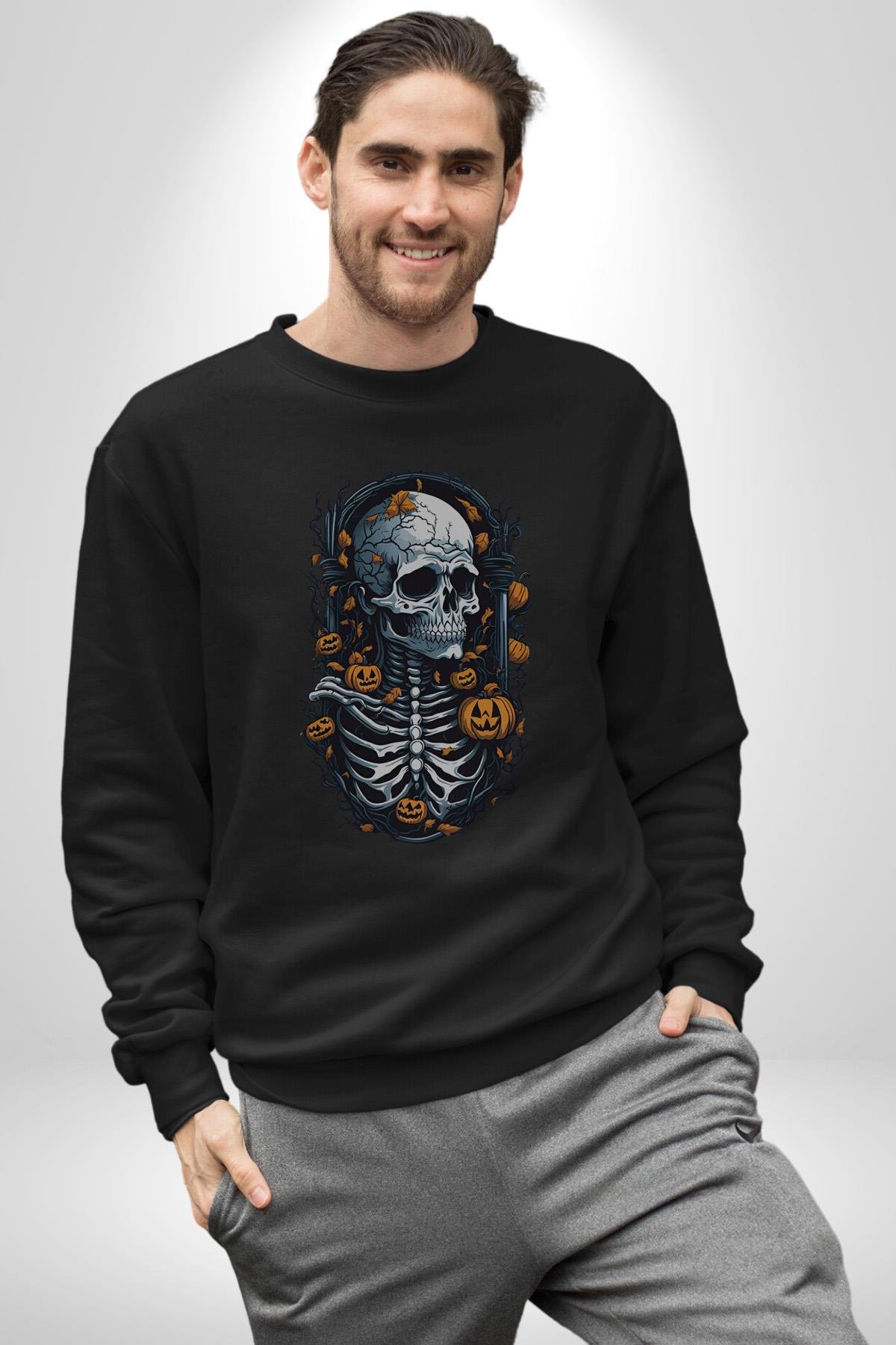 Cadılar Bayramı Kuru Kafa  Kadın Erkek Çocuk Siyah Baskılı Sweatshirt 