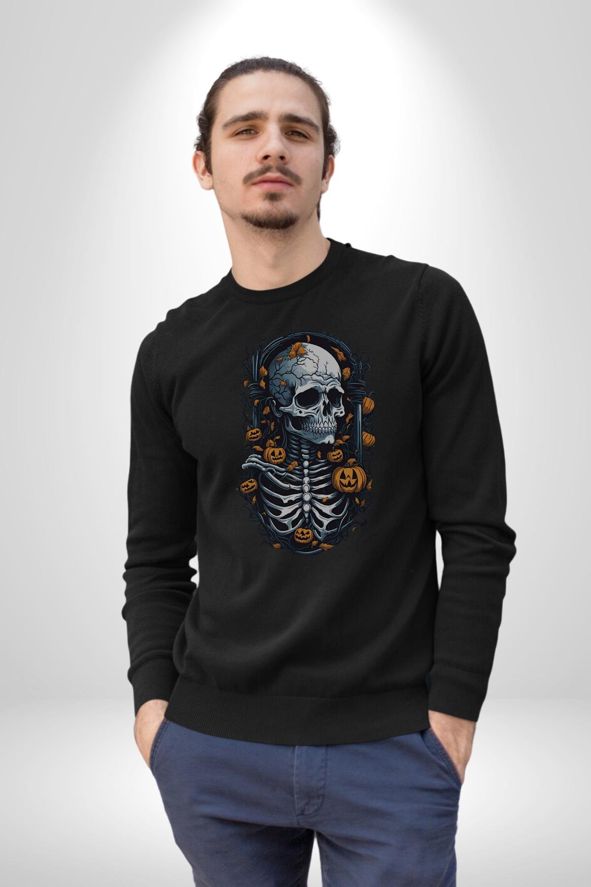Cadılar Bayramı Kuru Kafa  Kadın Erkek Çocuk Siyah Baskılı Sweatshirt 