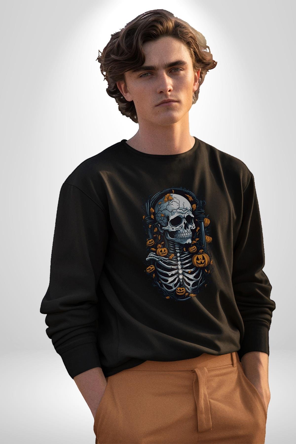 Cadılar Bayramı Kuru Kafa  Kadın Erkek Çocuk Siyah Baskılı Sweatshirt 