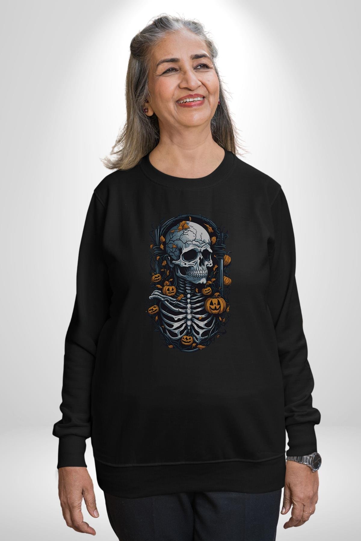 Cadılar Bayramı Kuru Kafa  Kadın Erkek Çocuk Siyah Baskılı Sweatshirt 