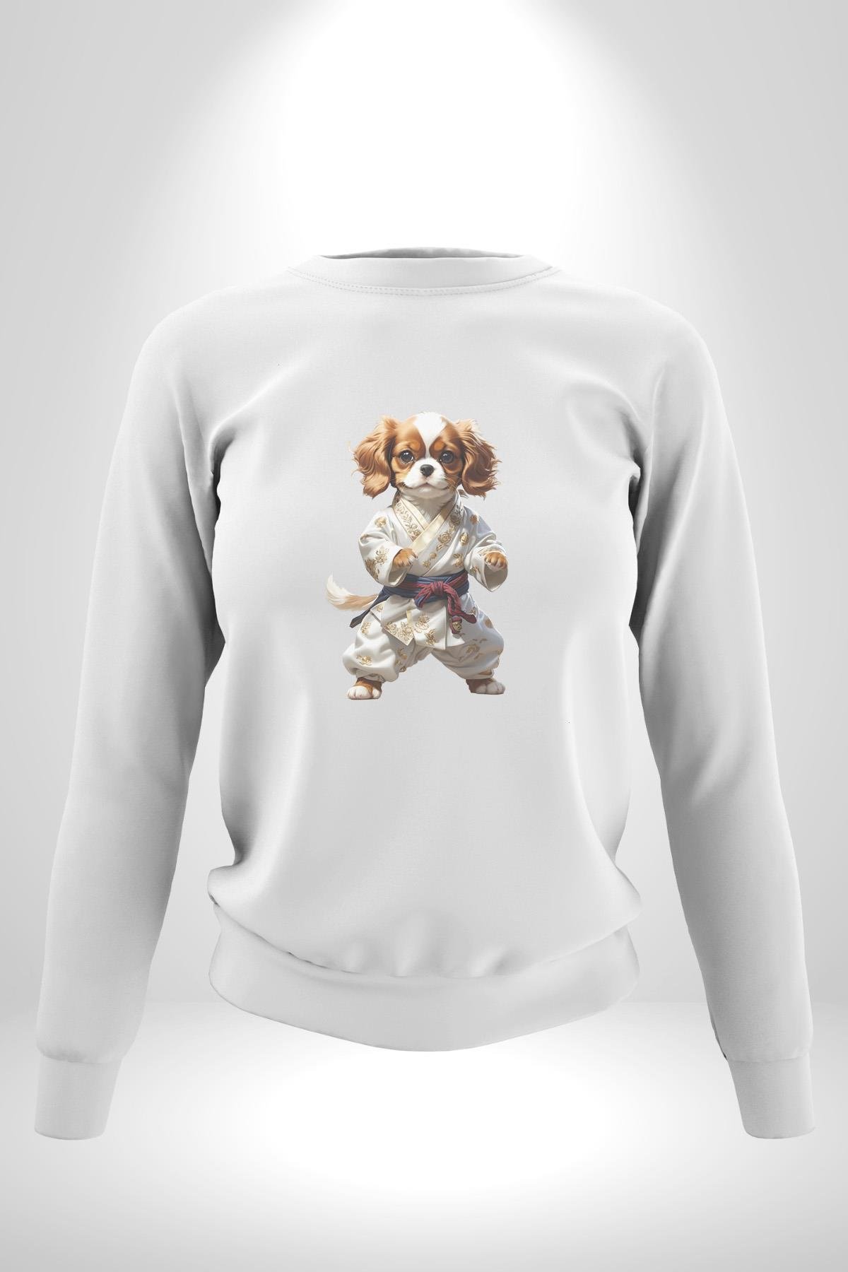 Cavailer King Charles Spaniel Karate Kadın Erkek  Beyaz Baskılı Sweatshirt 