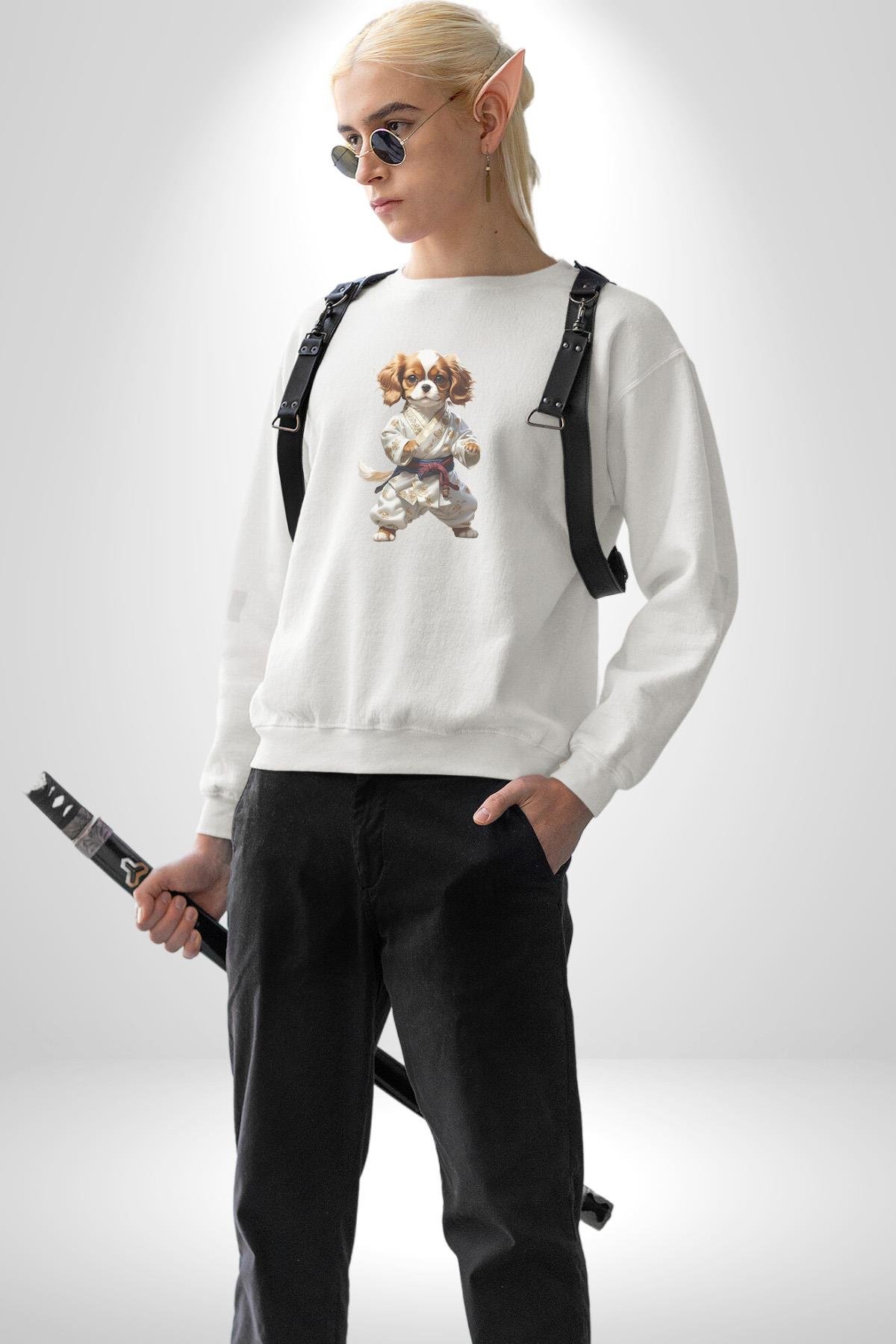 Cavailer King Charles Spaniel Karate Kadın Erkek  Beyaz Baskılı Sweatshirt 