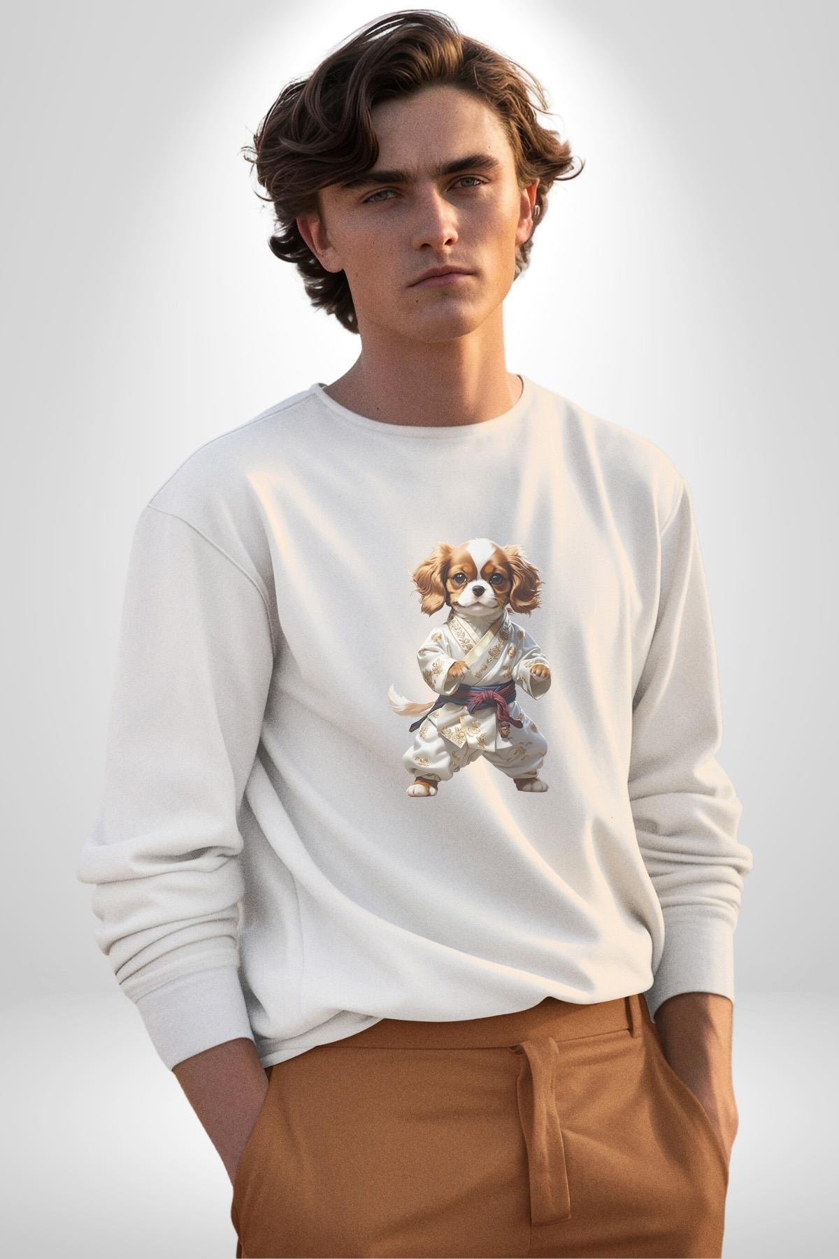 Cavailer King Charles Spaniel Karate Kadın Erkek  Beyaz Baskılı Sweatshirt 