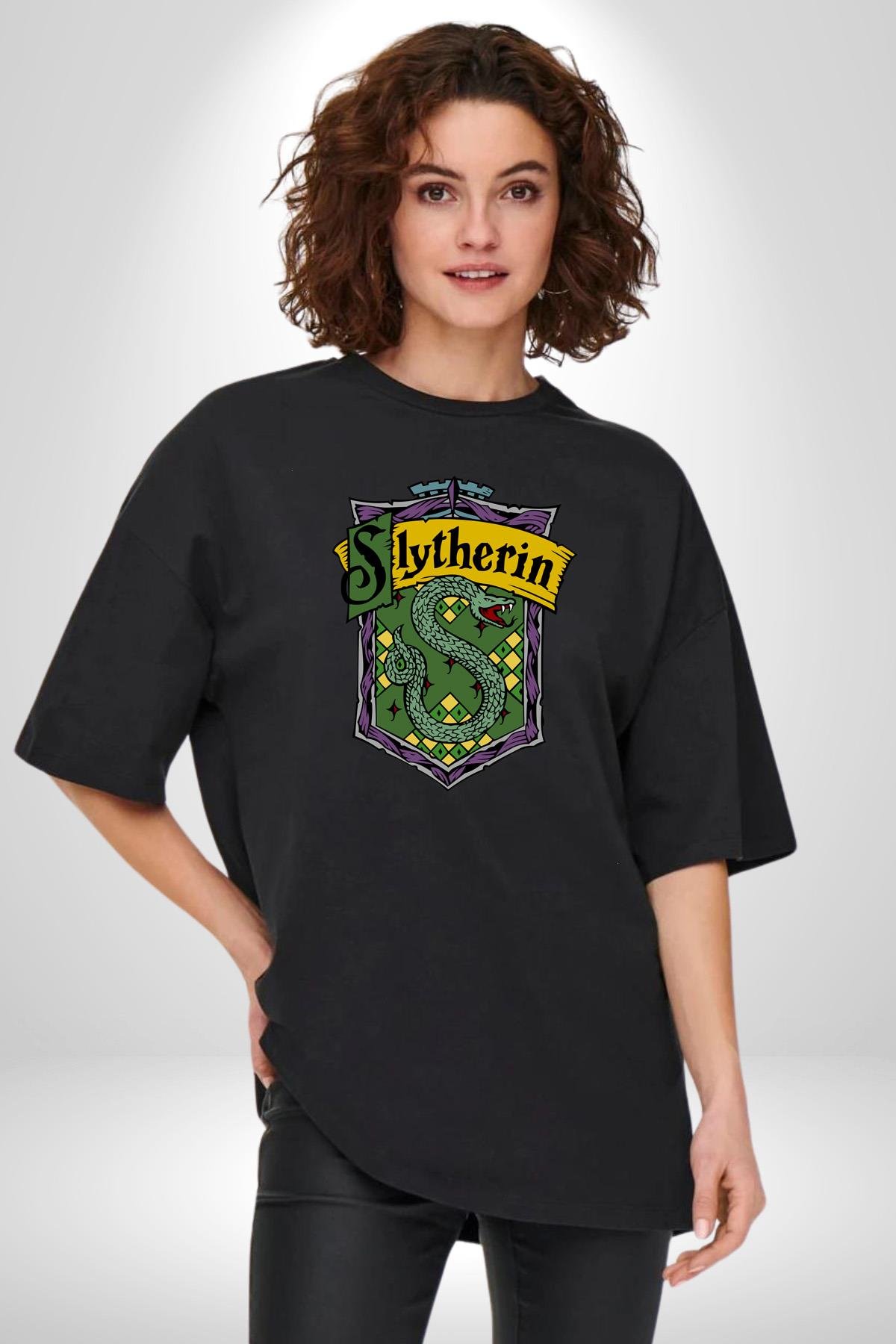 Slytherin Yılan Logo Kadın Erkek Ön Baskılı Siyah Pamuklu Tişört Penye Klasik