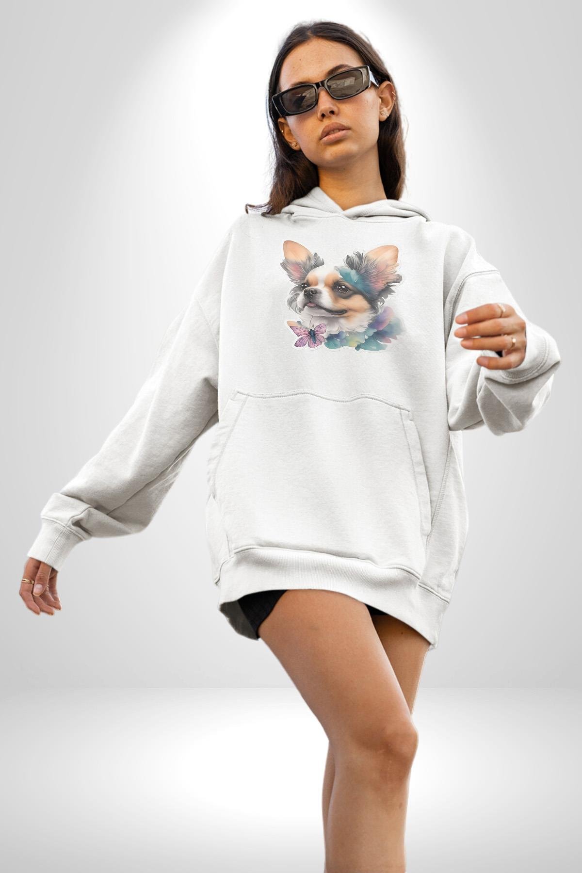 Chihuahua Köpek  Kadın Erkek Çocuk Beyaz Kapüşonlu Sweatshirt Hoodie