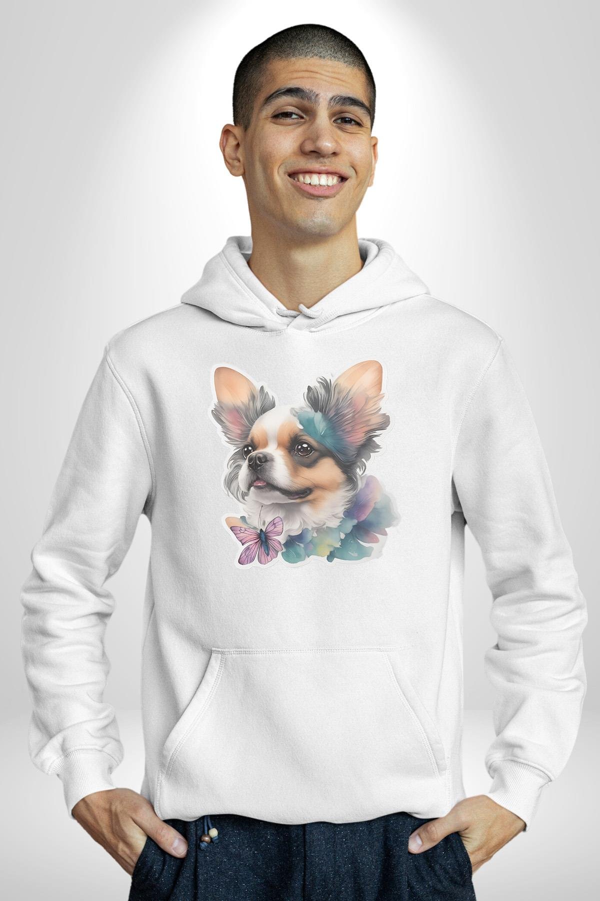 Chihuahua Köpek  Kadın Erkek Çocuk Beyaz Kapüşonlu Sweatshirt Hoodie