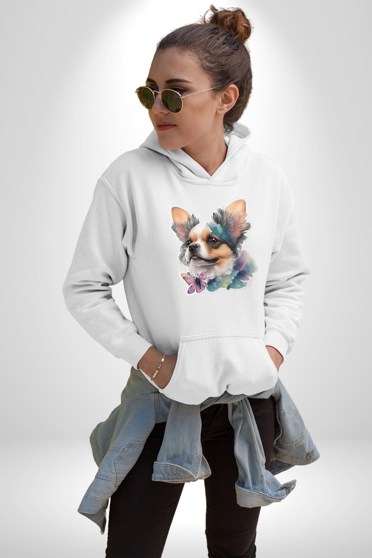 Chihuahua Köpek  Kadın Erkek Çocuk Beyaz Kapüşonlu Sweatshirt Hoodie
