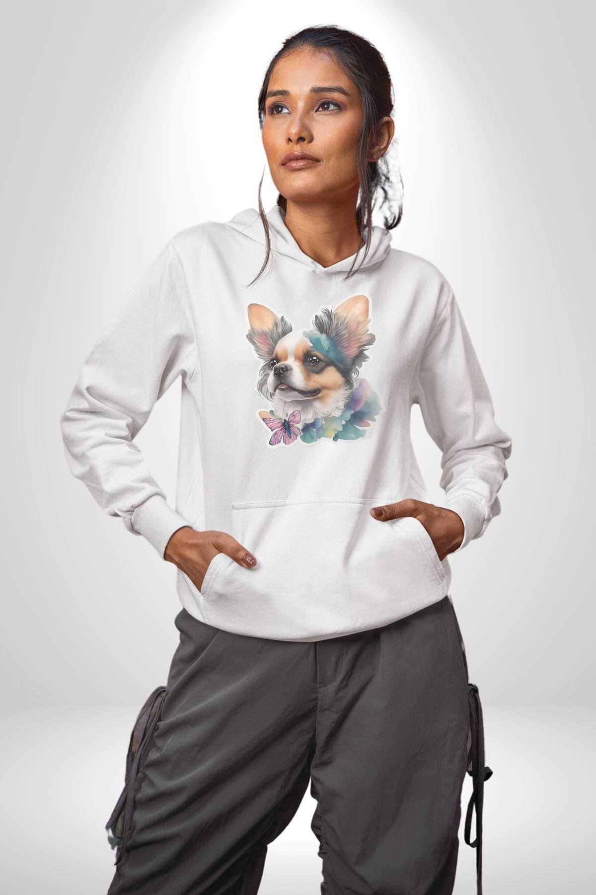 Chihuahua Köpek  Kadın Erkek Çocuk Beyaz Kapüşonlu Sweatshirt Hoodie