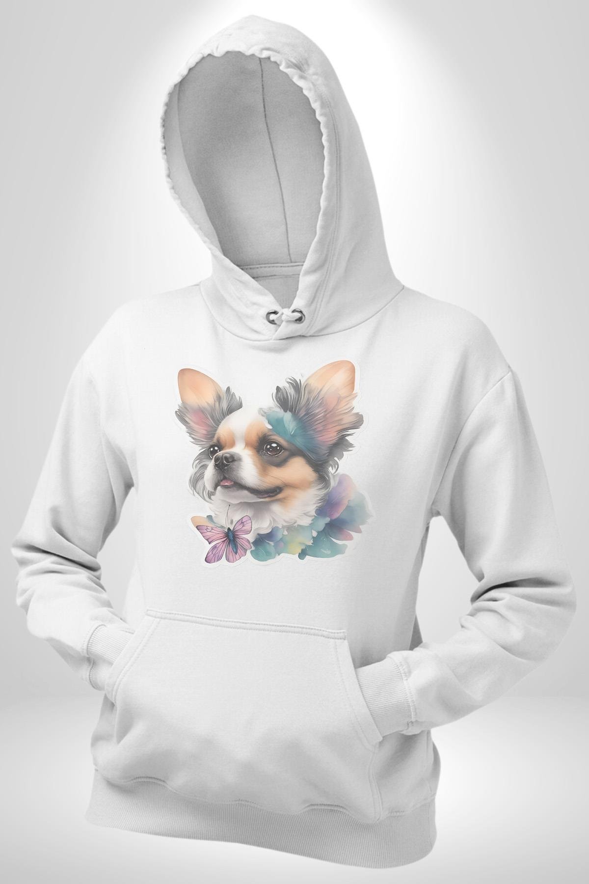 Chihuahua Köpek  Kadın Erkek Çocuk Beyaz Kapüşonlu Sweatshirt Hoodie