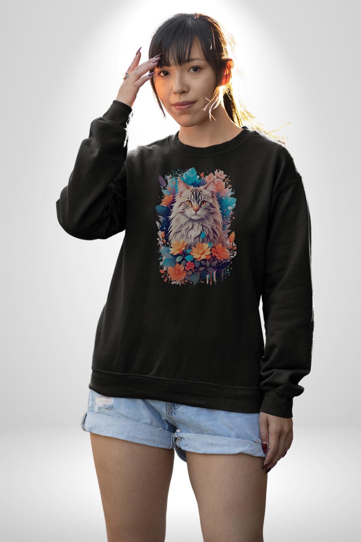 Çiçek Kedi Sulu Boya Kadın Erkek Çocuk Siyah Baskılı Sweatshirt 