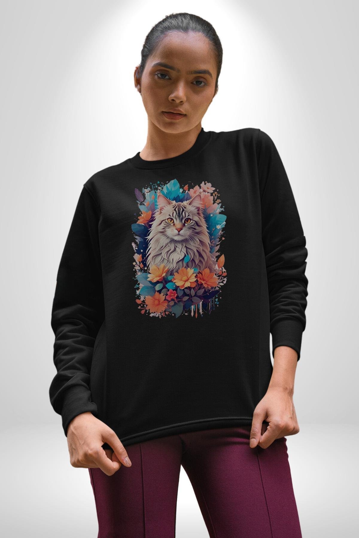 Çiçek Kedi Sulu Boya Kadın Erkek Çocuk Siyah Baskılı Sweatshirt 