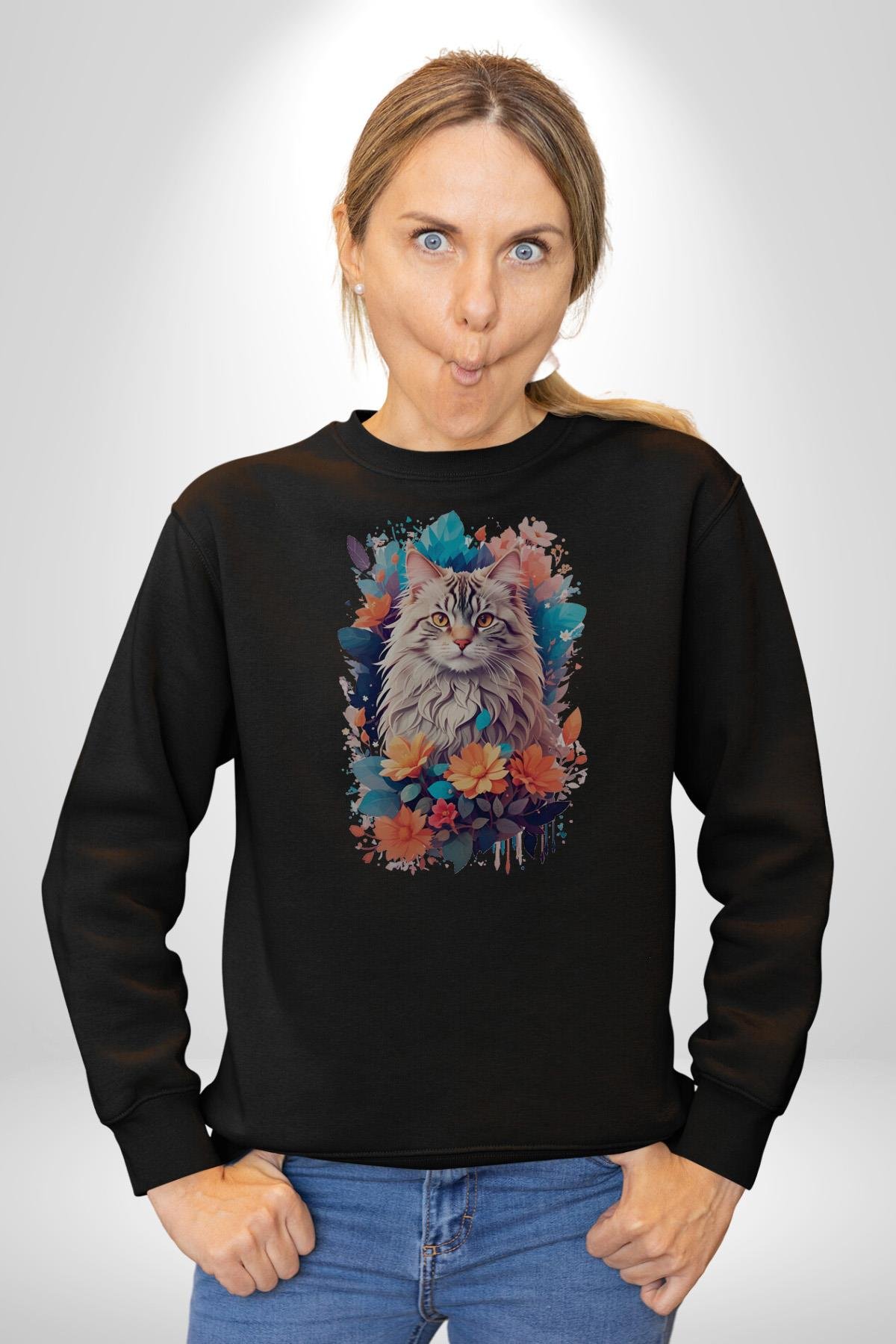 Çiçek Kedi Sulu Boya Kadın Erkek Çocuk Siyah Baskılı Sweatshirt 